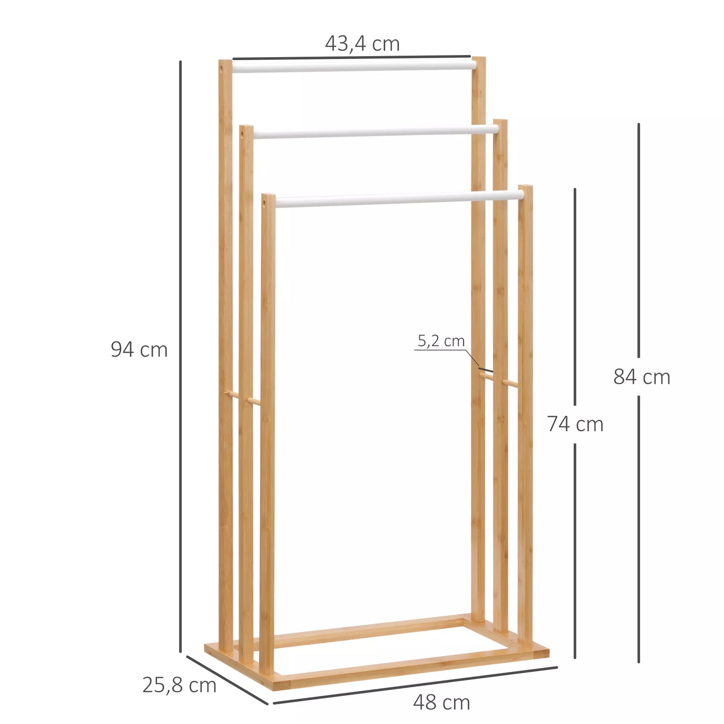 Rankšluosčių laikiklis iš bambuko. 3 dalių dizainas, 3 rankšluosčių strypai 48 cm x 25,8 cm x 94 cm, natūralus + baltas