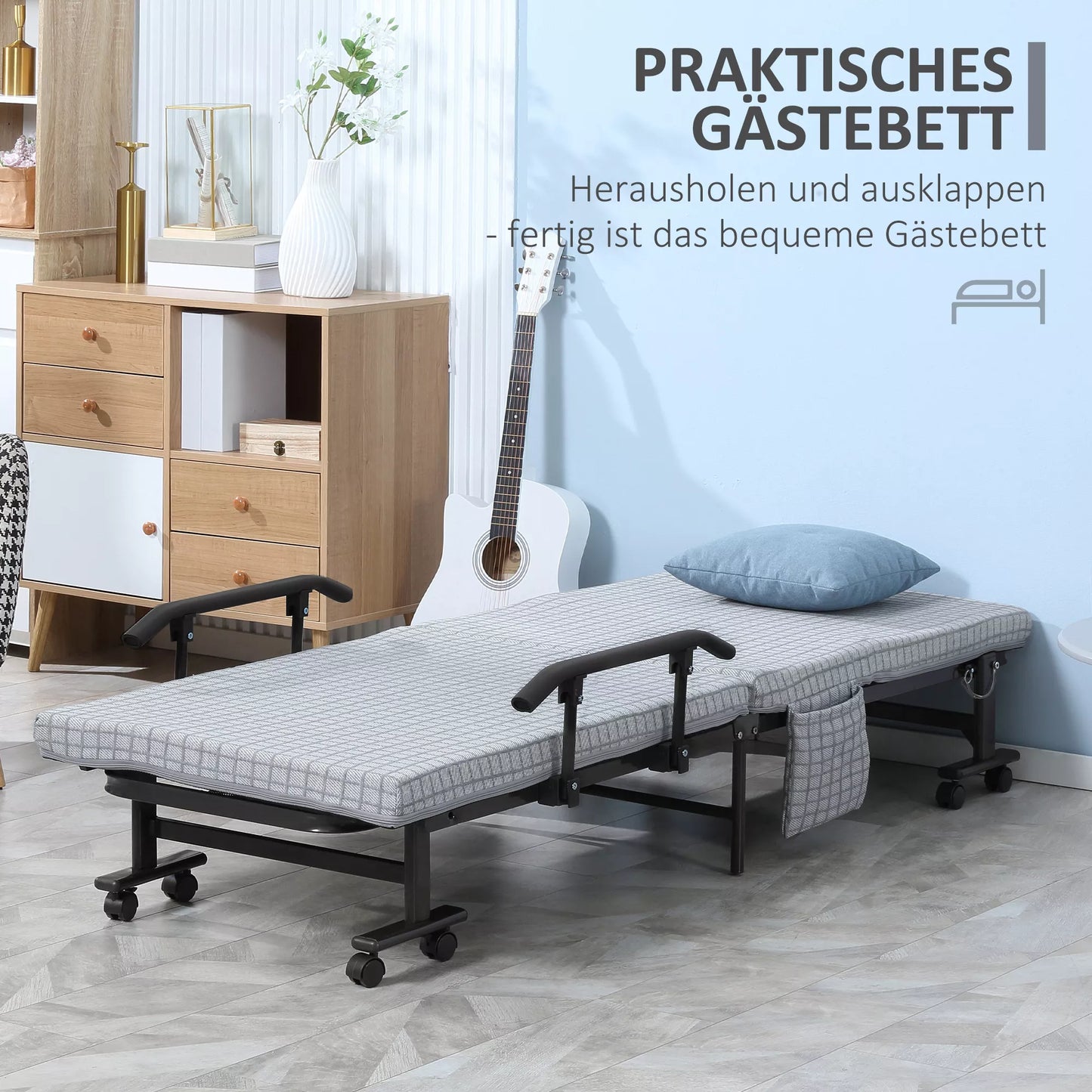 Sulankstoma lova, svečių lova, atlenkiamas atlošas, porankiai, 8 ratukai, plieninis rėmas, šviesiai pilka + juoda, 190 x 76 x 33 cm