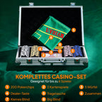Pokerio žetonų rinkinys lagaminėlyje, su kauliukais, dalintojo mygtuku, 2 kortų kaladėmis, sidabro spalvos