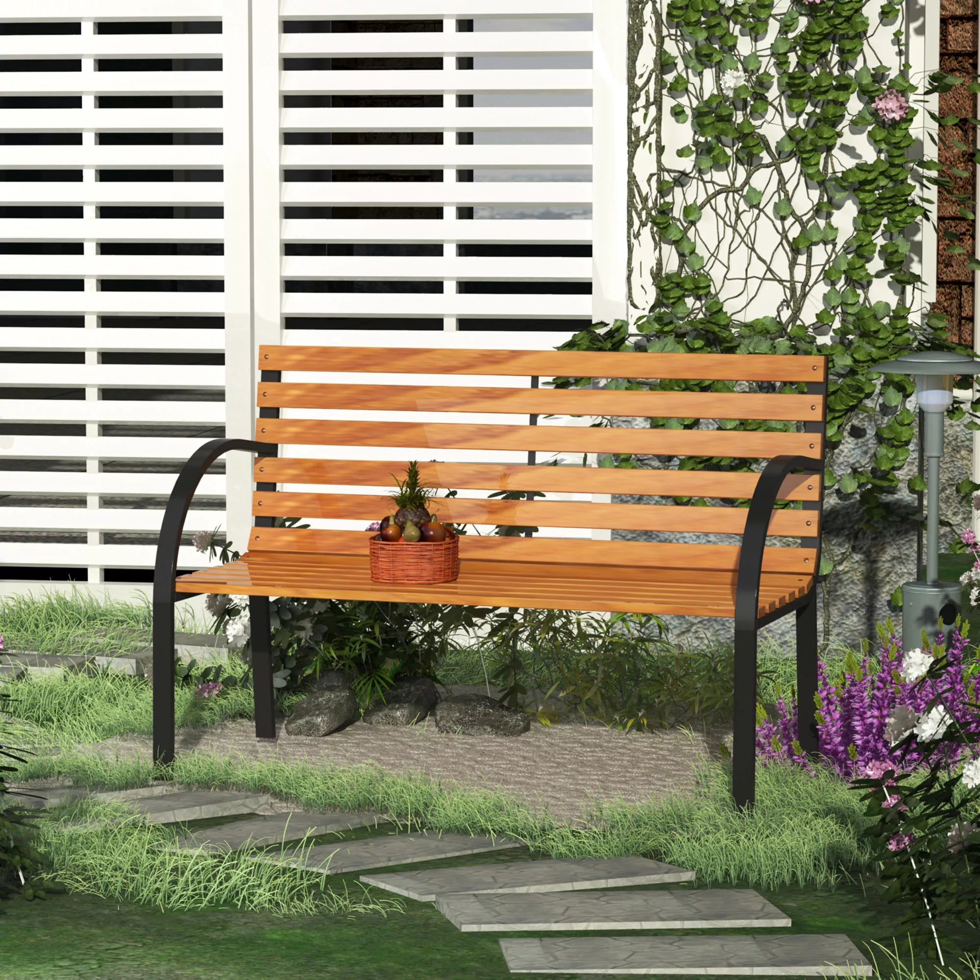 Sodo suolas Parko suolas 2 vietų Sodo plienas + pušies mediena Natūralus B122 x T60 x H83 cm