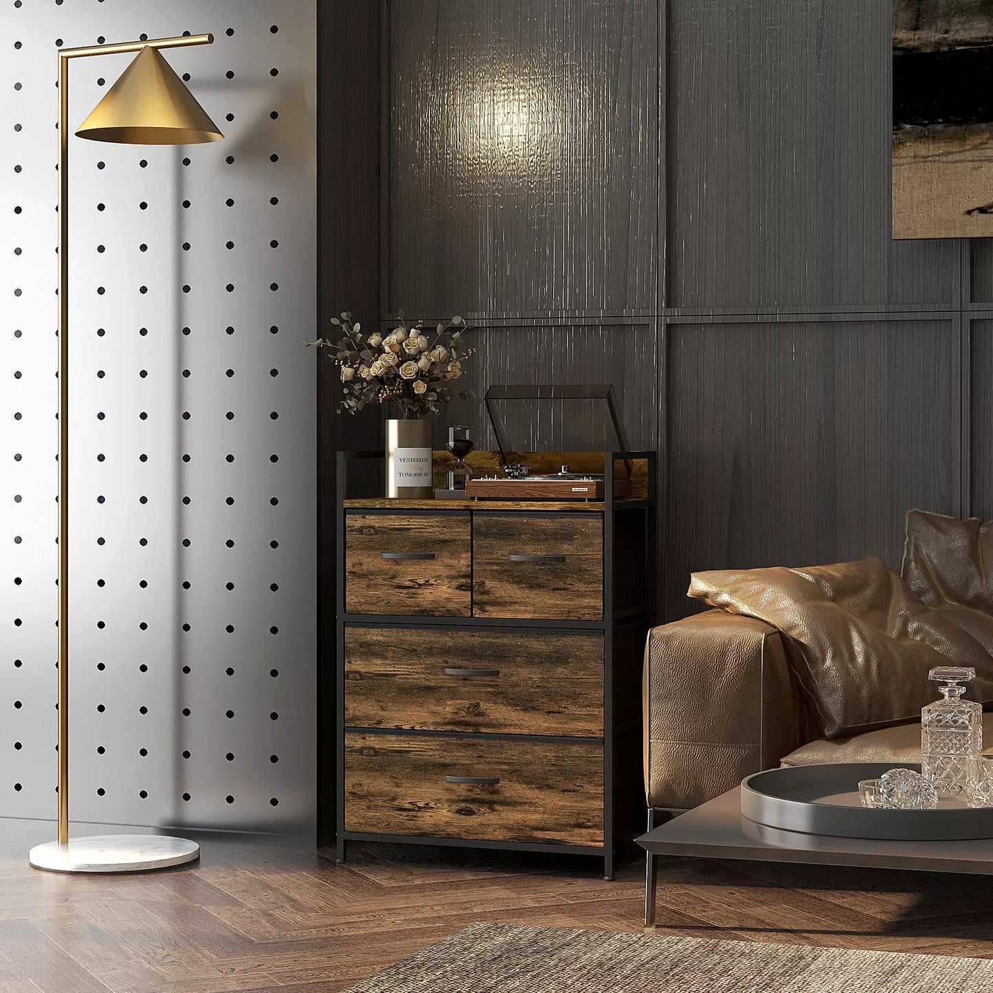 Komoda, spintelė, 4 audininiai stalčiai, industrialinis dizainas, 60x29x85cm, ruda/juoda