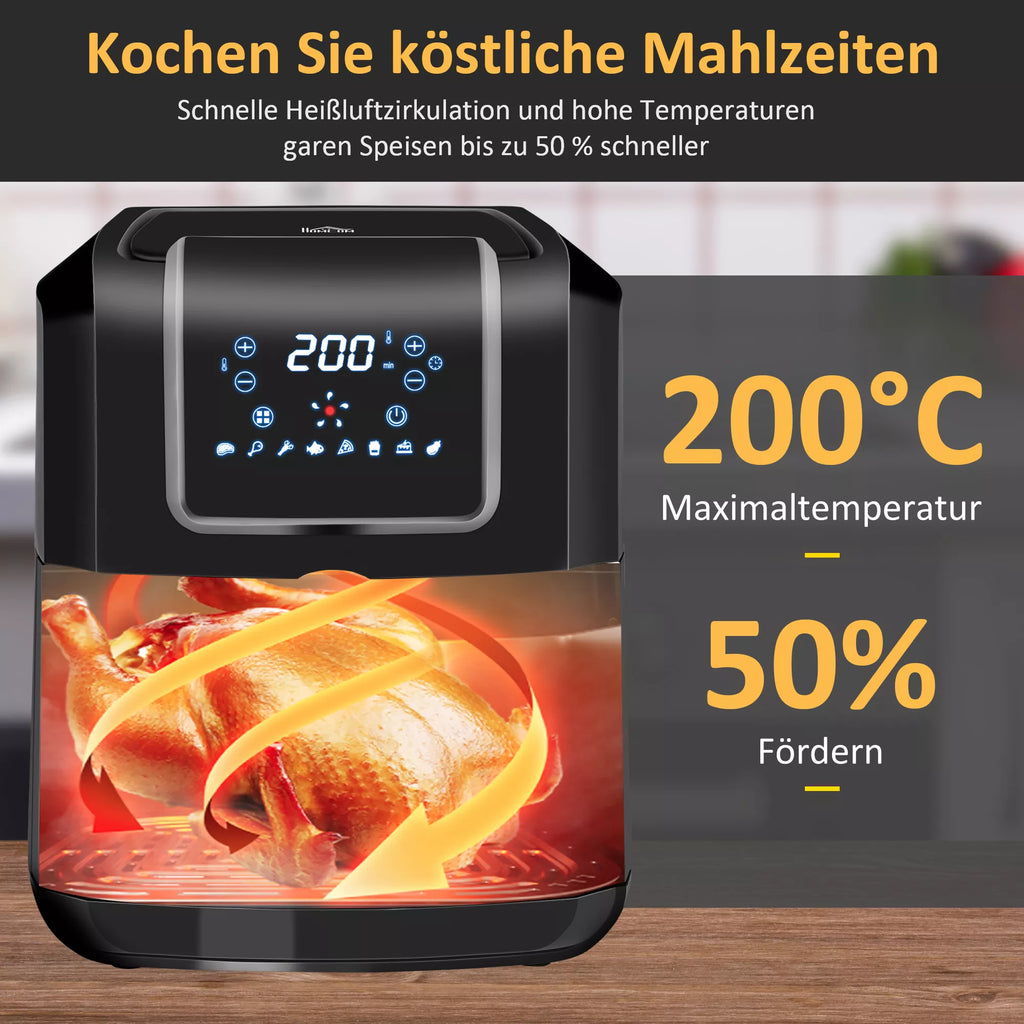 Karšto oro gruzdintuvė 6,5 l, 1700 W, su 8 meniu, LED ekranu, nelimpančiu krepšeliu, skirtas sveikam, be aliejaus ir mažai riebalų turinčiam maisto ruošimui, juodos spalvos, 36,5 x 29 x 33,8 cm