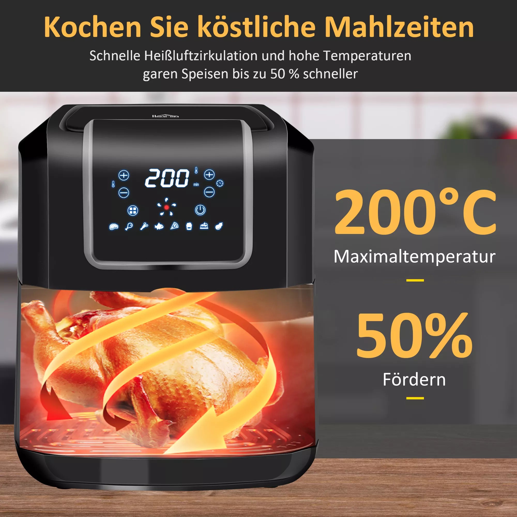 Karšto oro gruzdintuvė 6,5 l, 1700 W, su 8 meniu, LED ekranu, nelimpančiu krepšeliu, skirtas sveikam, be aliejaus ir mažai riebalų turinčiam maisto ruošimui, juodos spalvos, 36,5 x 29 x 33,8 cm