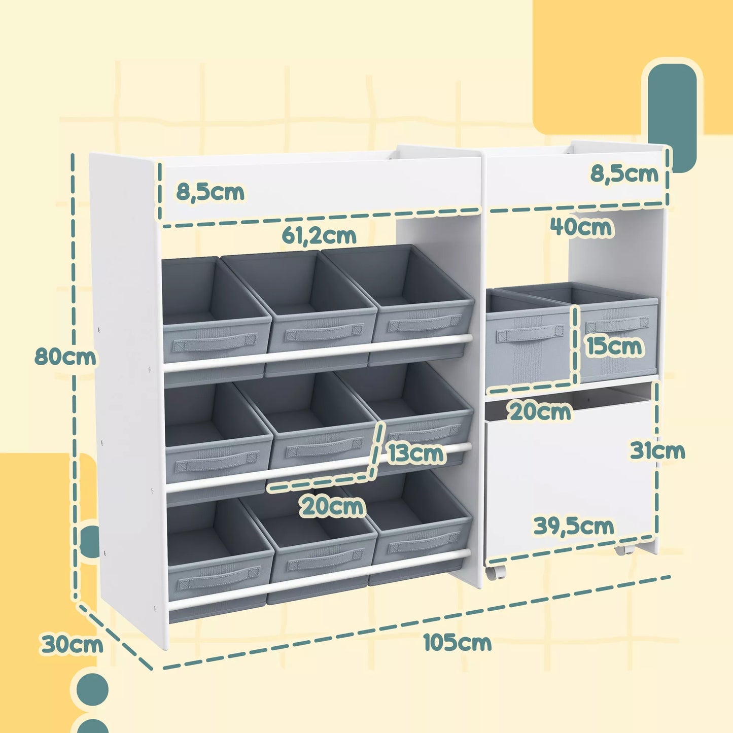 Vaikiška daiktų laikymo lentyna, žaislų spintelė su 11 audinių dėžučių, viršutiniais skyreliais, 3 lipdukais, balta
