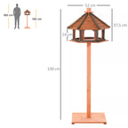 Medinės paukščių lesyklėlės matmenų schema: aukštis 180 cm, stogelio skersmuo 52 cm