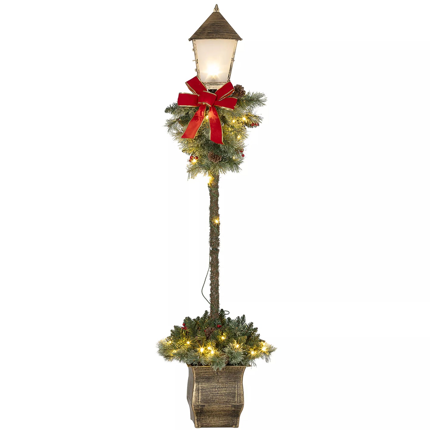Kalėdinė žibintuvė su uogomis, kankorėžiais ir kaspinėliu, LED lemputėmis, metaliniu stiebu, 150 cm