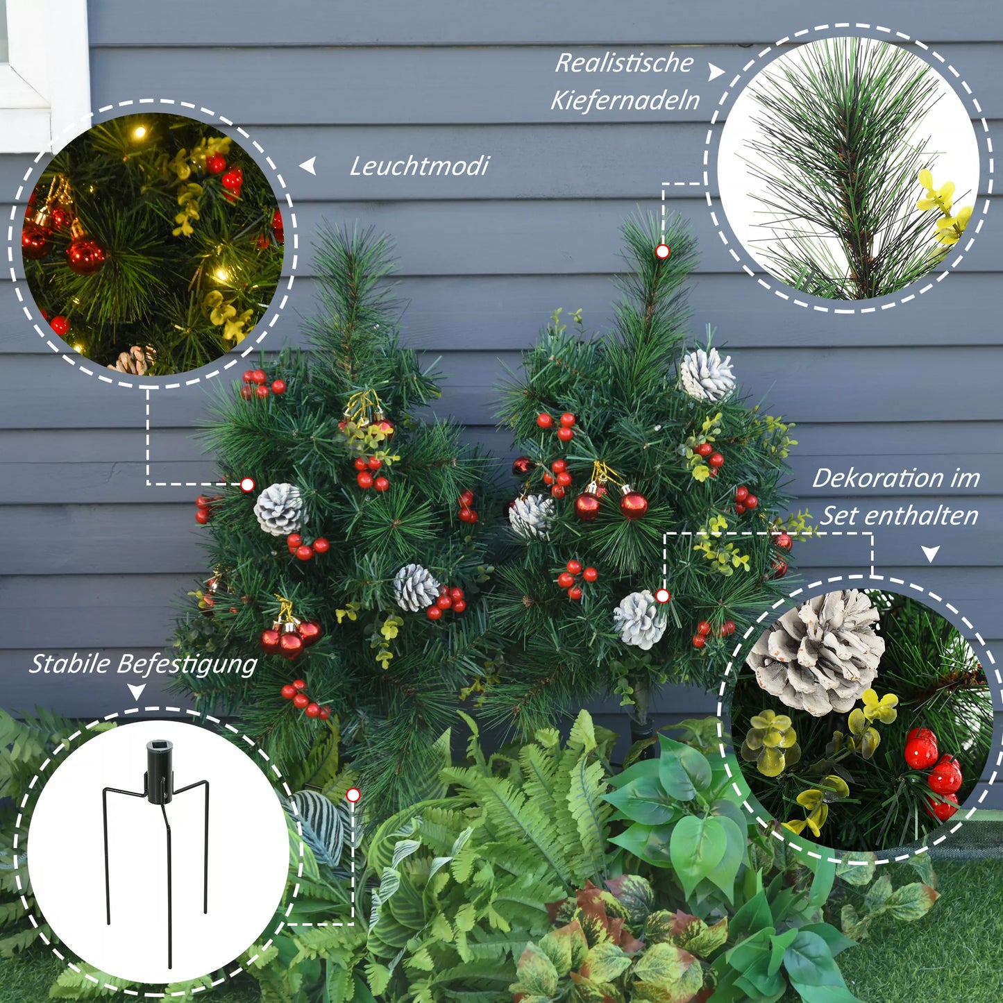 2 vnt. rinkinys Kalėdinių eglučių, dirbtinė mini kalėdinė eglutė su LED lemputėmis, plastikas, metalas, Ø33 x 75 cm, žalia