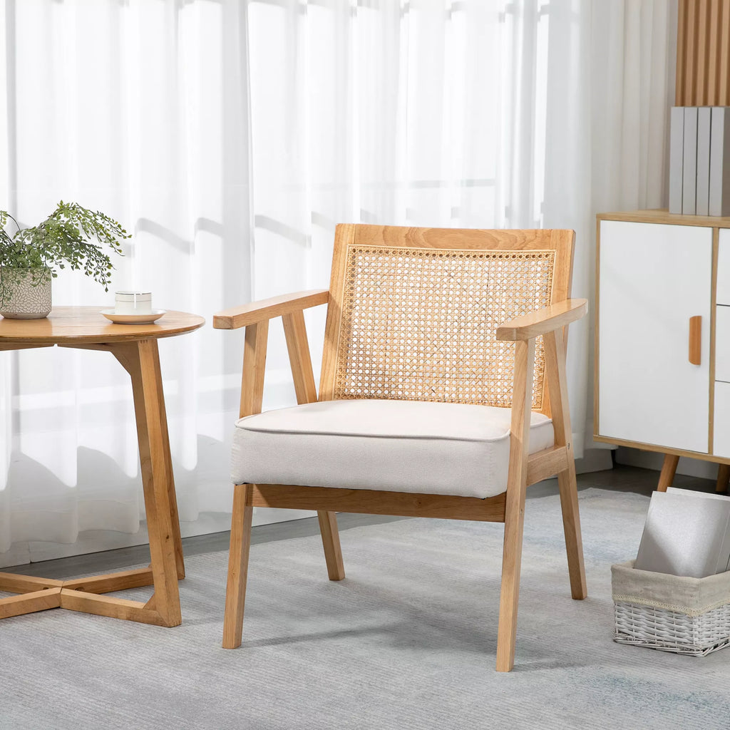 Egzotiška minkšta kėdė, kaučiuko medis, lino audinio imitacijos sėdimoji dalis, 63L x 69B x 78H cm, kreminė balta spalva
