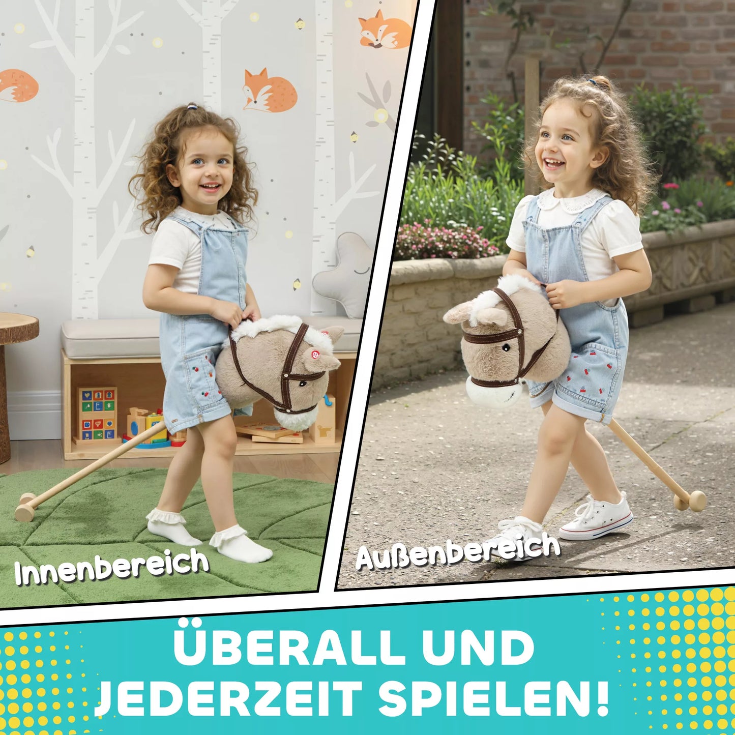 Arkliukas ant pagaliuko vaikams, su garsu, ratukais, žaidimų arkliukas jodinėjimui, skirtas vaikams nuo 24 mėnesių, pilkos spalvos