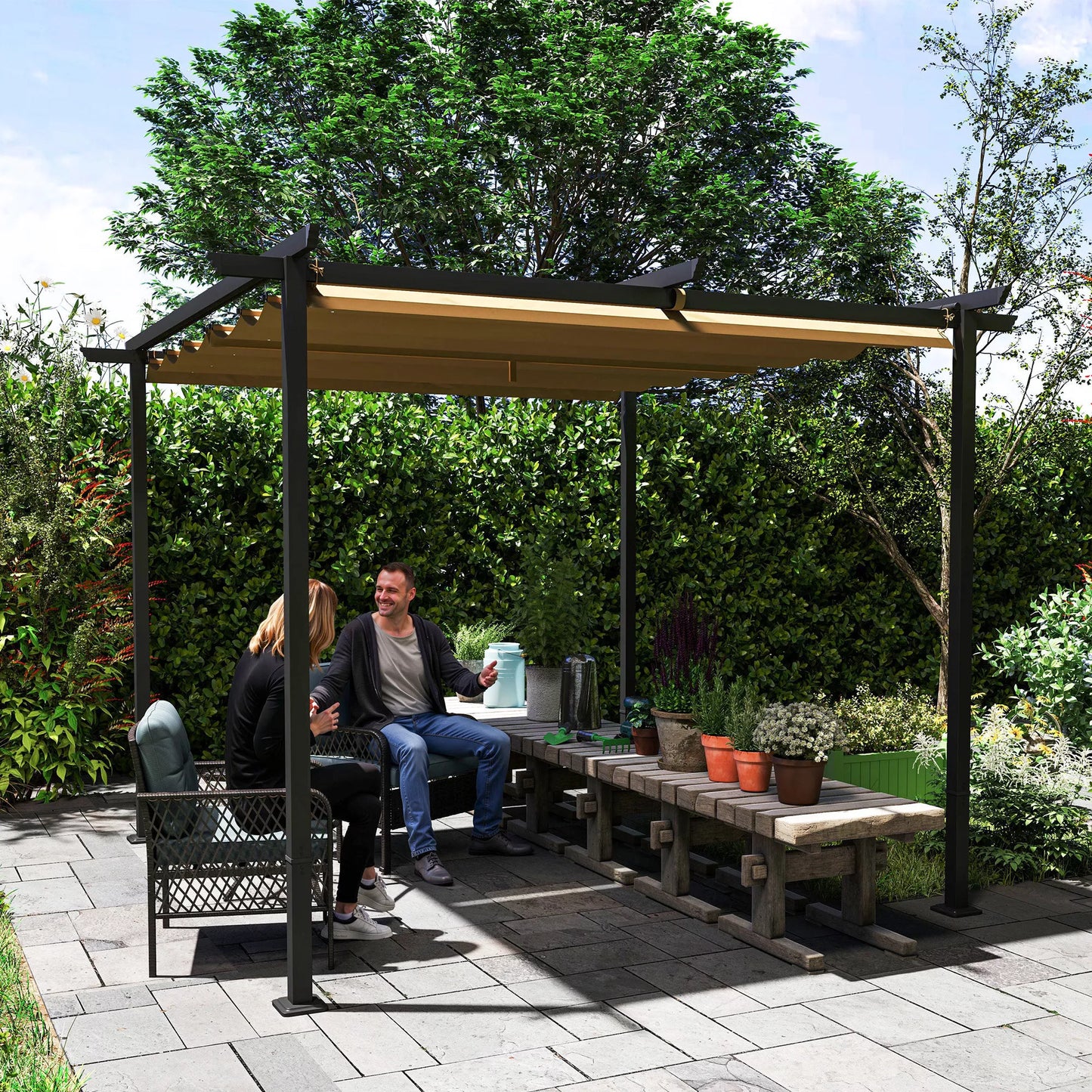 3 x 3 m sodo pergola su reguliuojamu stogu, metaliniu rėmu, UPF30+ apsauga, saulės stogu verandoje, terasoje, smėlio spalvos