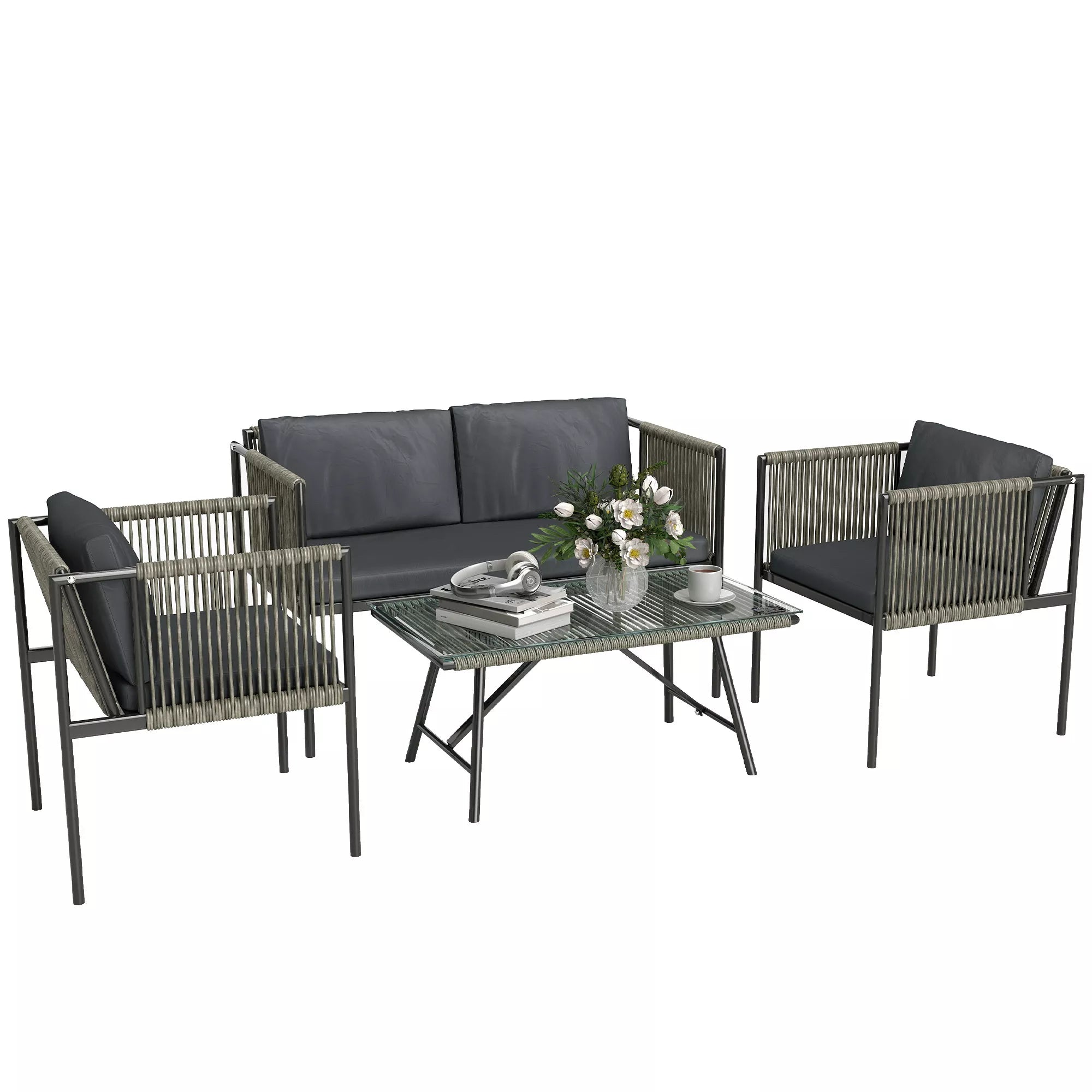 4 dalių sodo baldų komplektas, 1 sofa, 2 foteliai, 1 stalas su stikliniu stalviršiu, pagalvėlės, plieninis rėmas, dirbtinis rotangas, pilkos spalvos