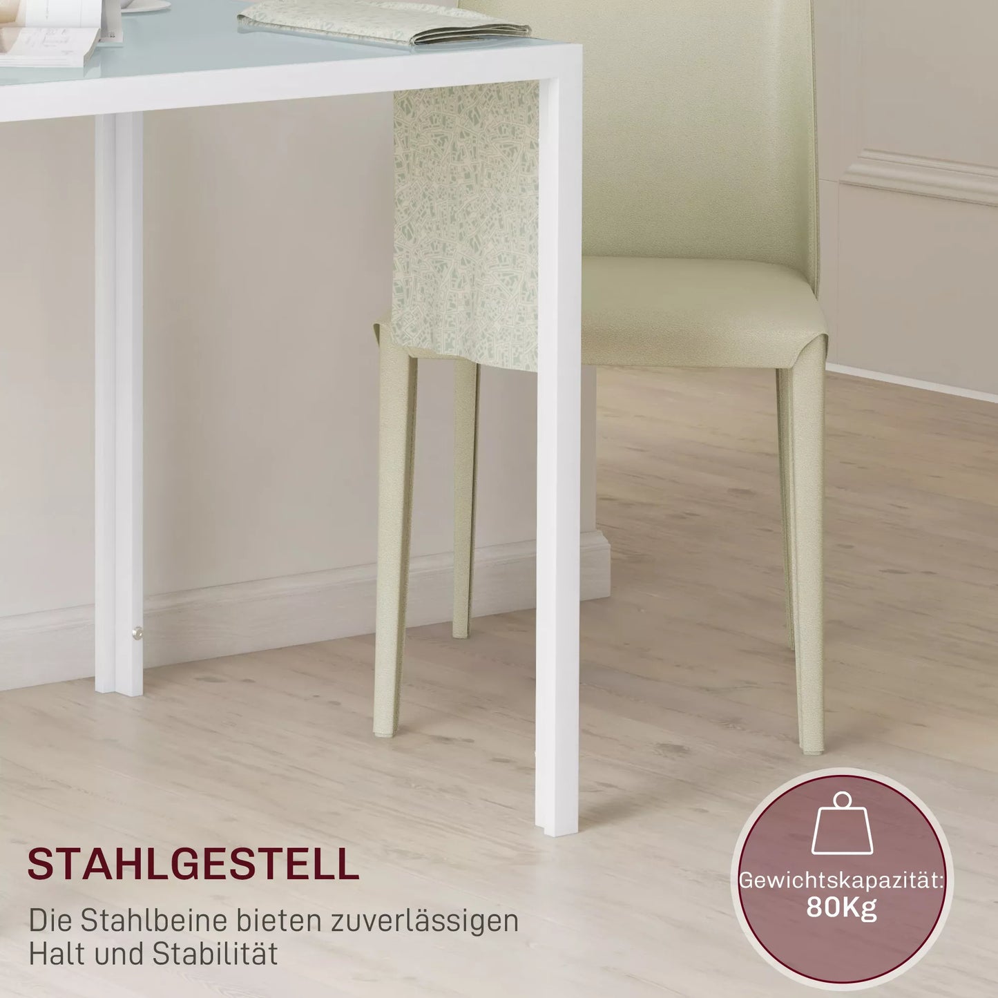 Kvadratinis valgomojo stalas 4 asmenims, su grūdinto stiklo stalviršiu, tinkamas virtuvei ir valgomajam, 75 x 75 x 75 cm, Baltas