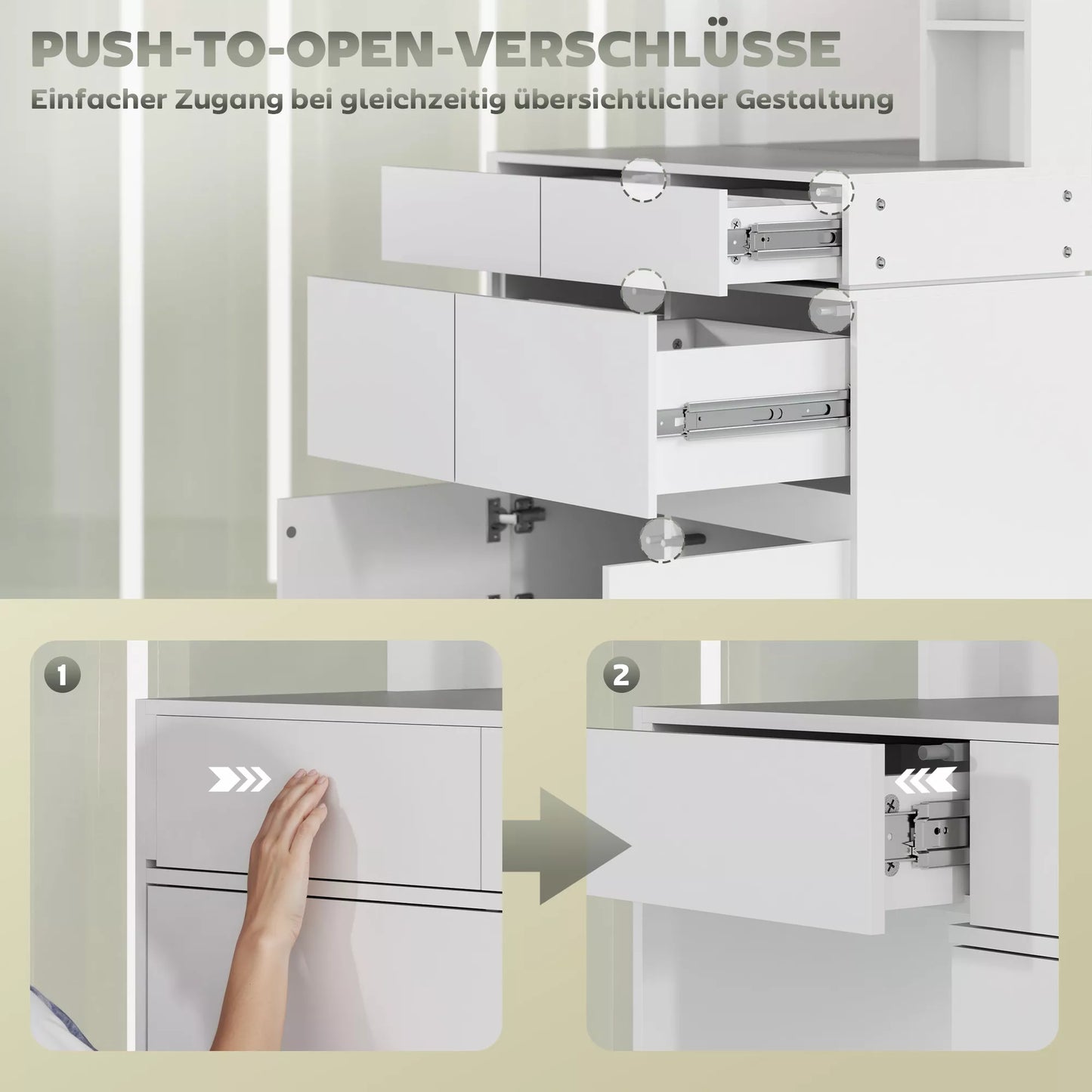 Kosmetinis staliukas, makiažo staliukas su dideliu veidrodžiu, 4 stalčiais, 3 atviromis lentynomis, 2 spintelėmis, MDF, baltas