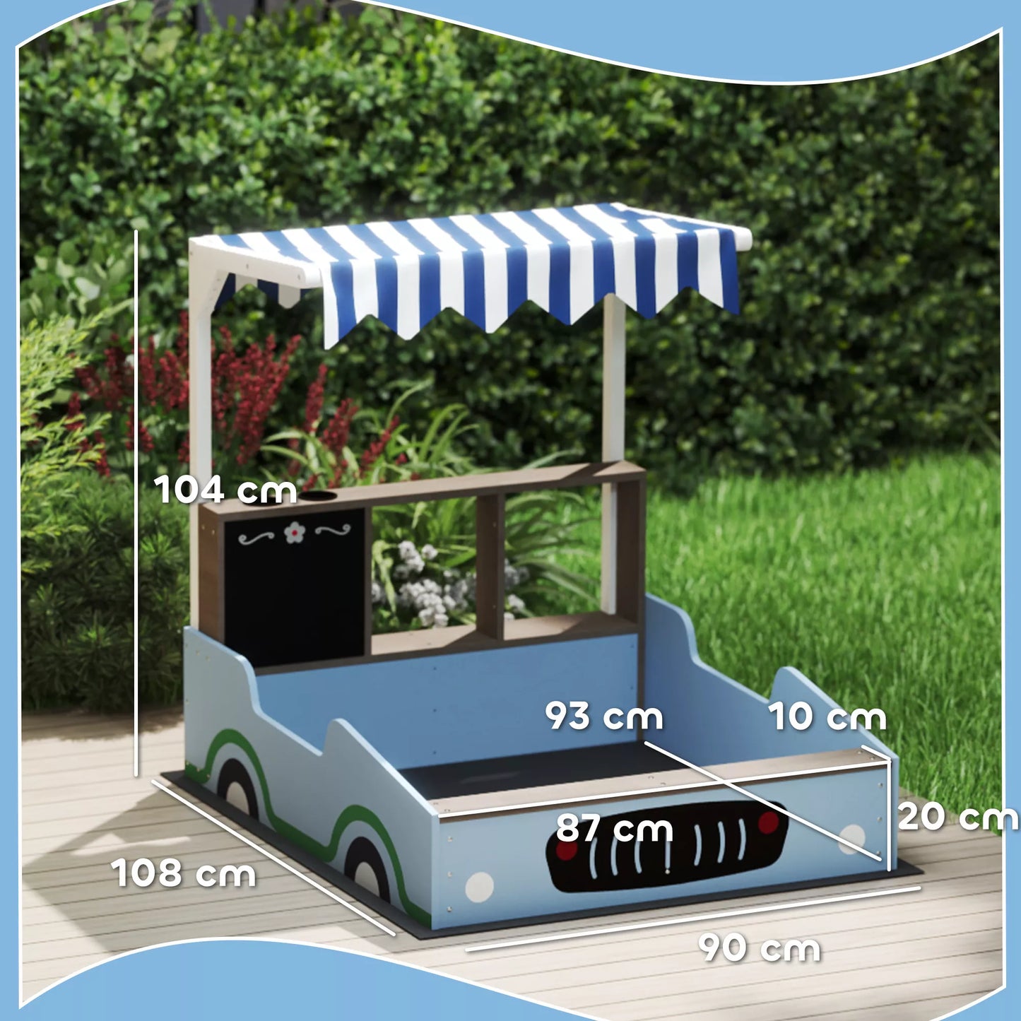 Smėlio dėžė su stogeliu, parduotuvėlės dizainas, suolas, piešimo lenta, eglės mediena, 104 A x 108 L x 90 P cm, mėlyna