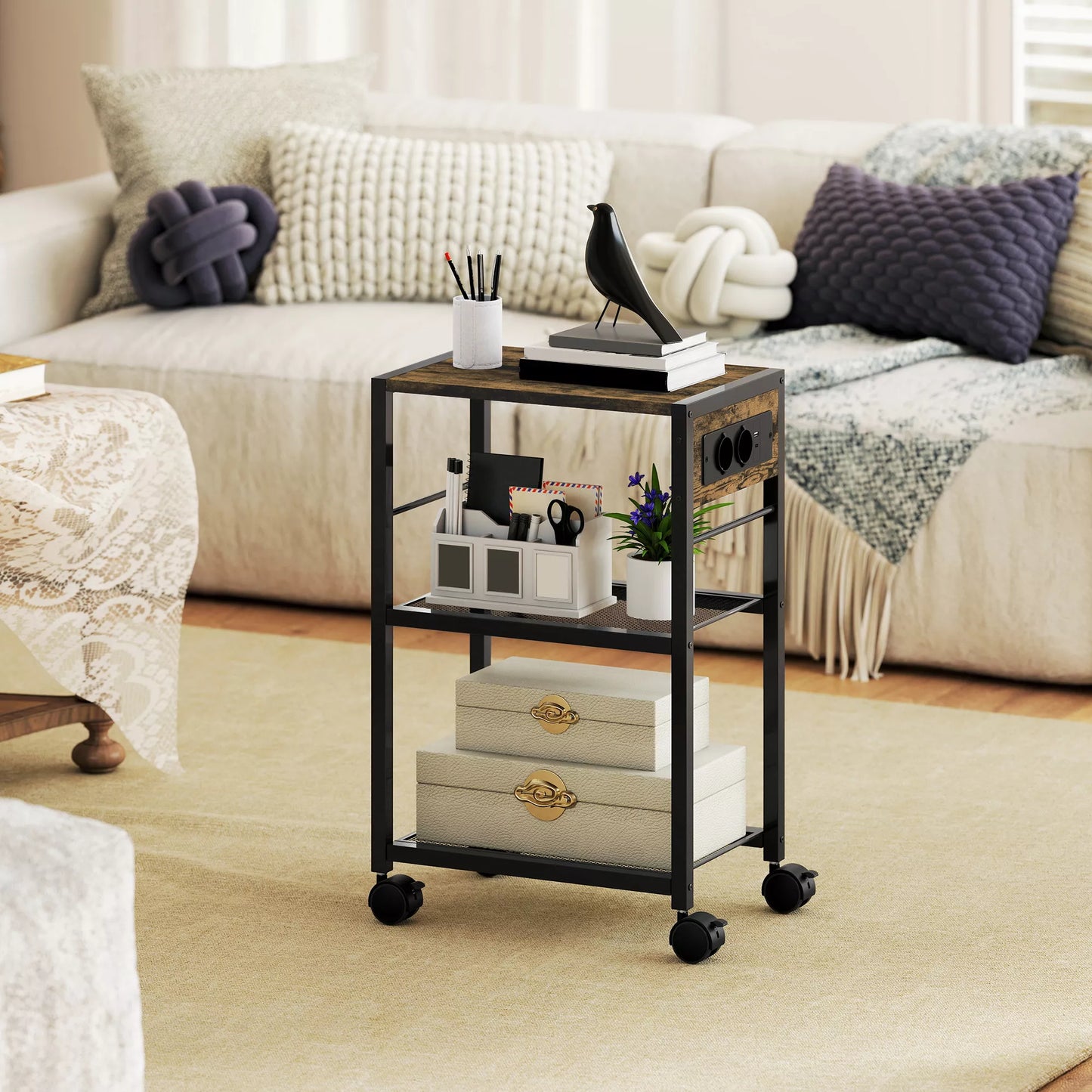 Spausdintuvo stovas Spausdintuvo lentyna su ratukais, elektros lizdais, USB ir USB-C jungtimis iki 40 kg Rustykalinė ruda