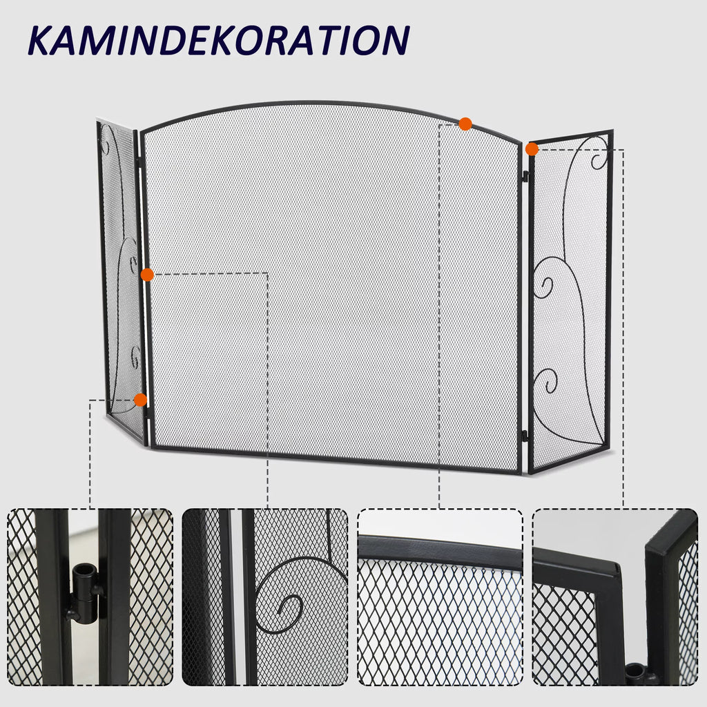 Apsauga nuo žarių židiniams, 3 skydeliai, sulankstoma, lanksti, metalinė, juoda, 132,5 x 76,5 cm