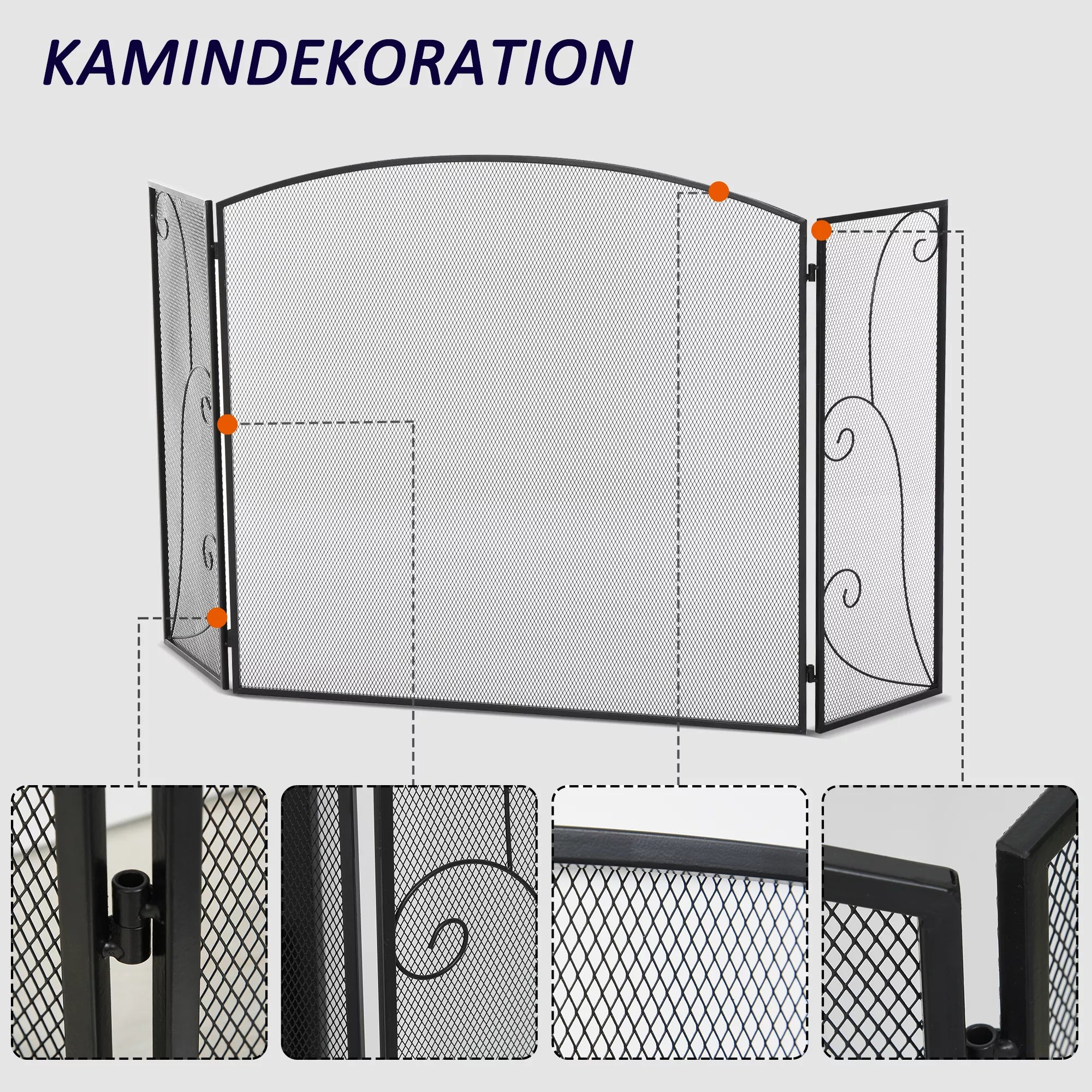 Apsauga nuo žarių židiniams, 3 skydeliai, sulankstoma, lanksti, metalinė, juoda, 132,5 x 76,5 cm