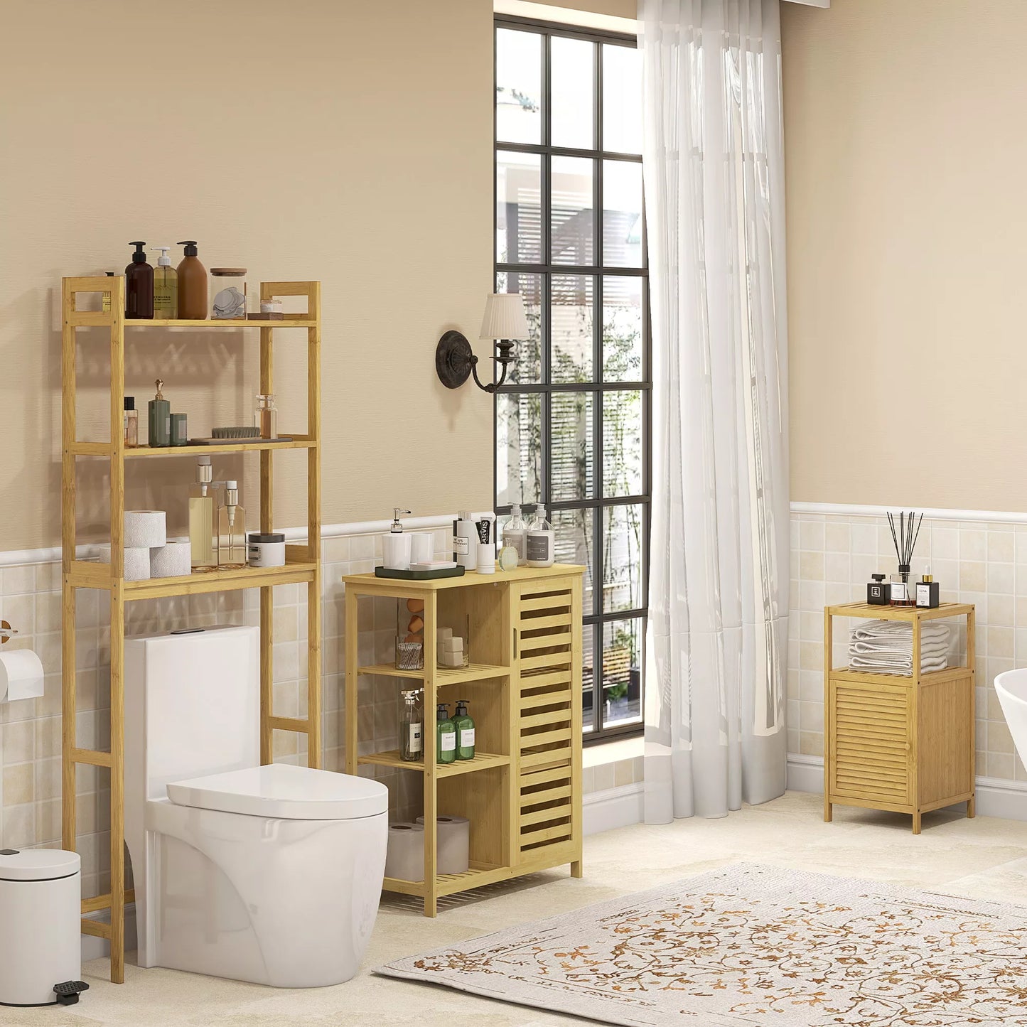 Vonios spintelė lentyna, bambukas, 1 lentyna, 1 spintelė, 33 cm x 36,5 cm x 67 cm, natūrali spalva