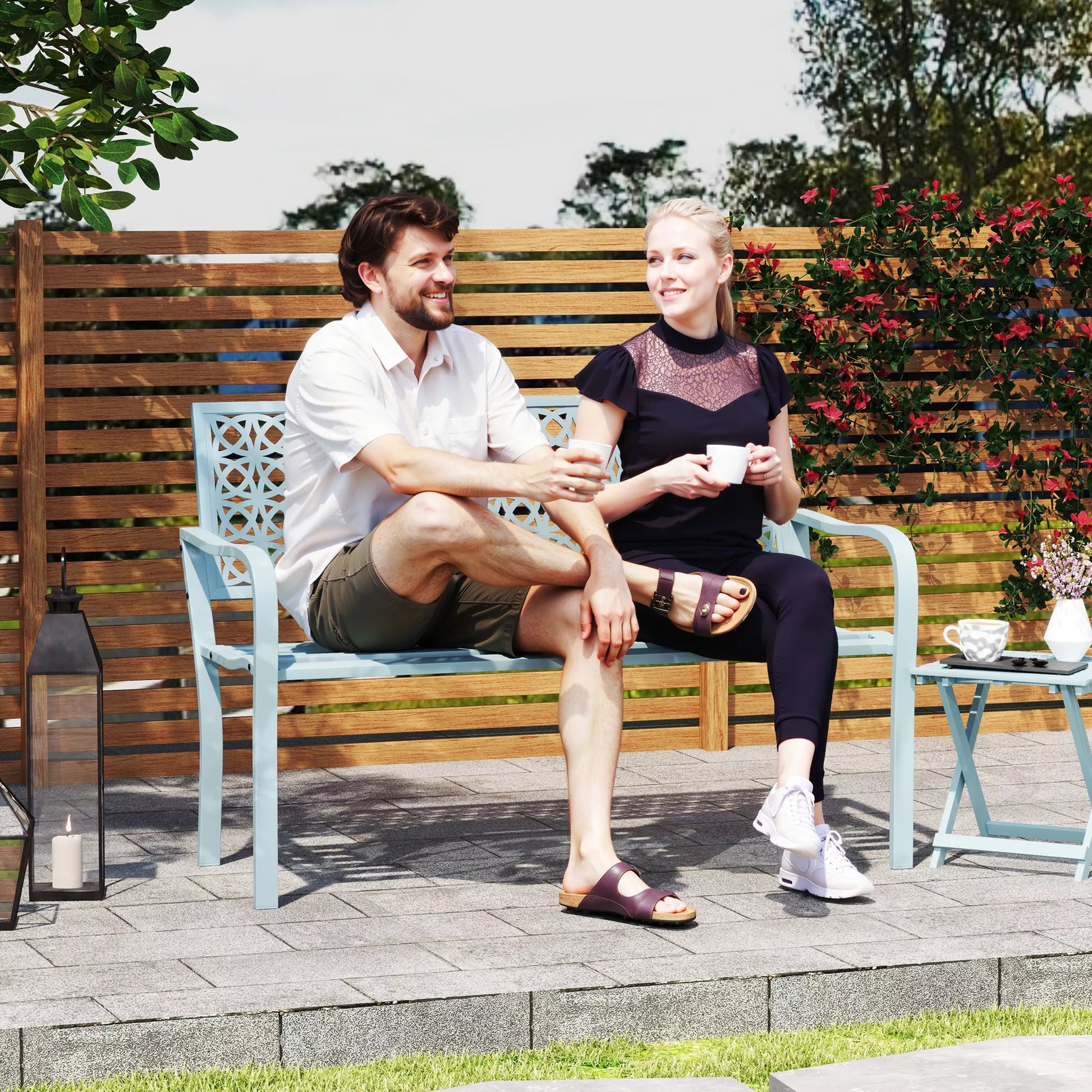 Lauko suolas, sodo suolas iš plieno, iškirptas atlošas, porankiai, 2 asmenims, mėlynas