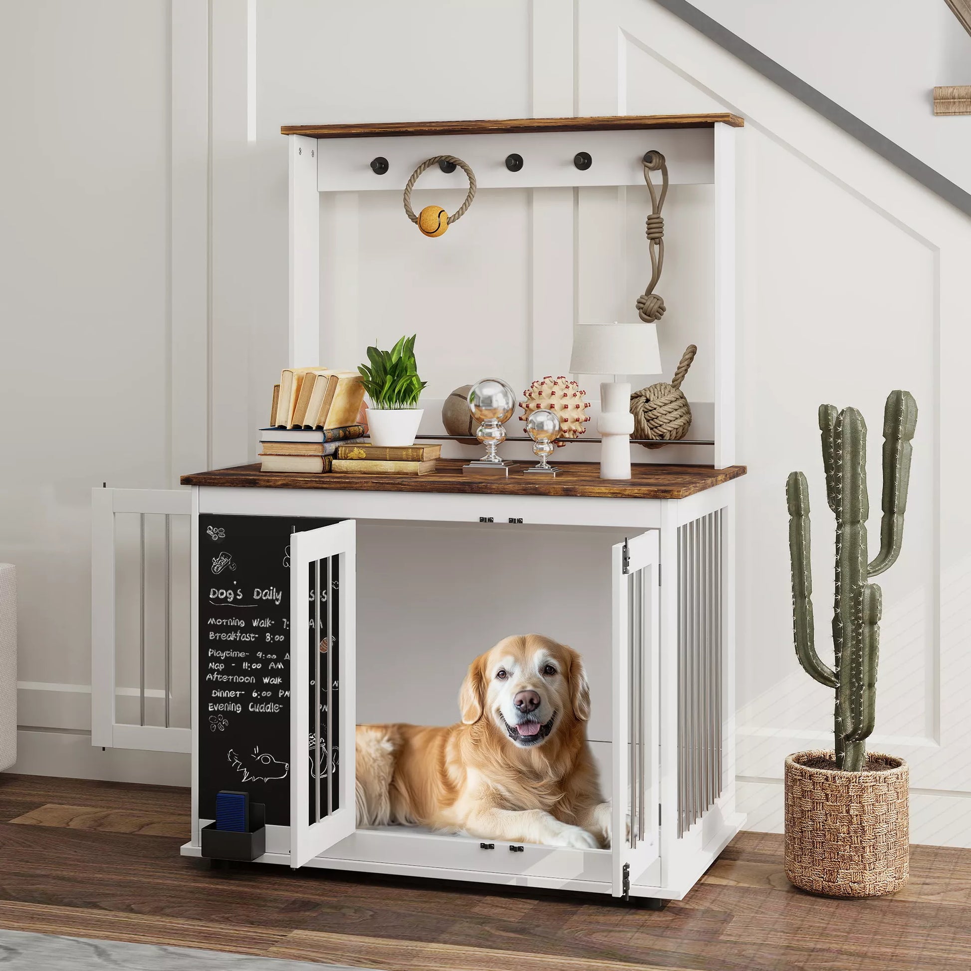 Šunų dėžė su laikymo lentyna žaislams, kabliai pavadėliams, rašomoji lenta, trintukas, dideliems šunims, balta