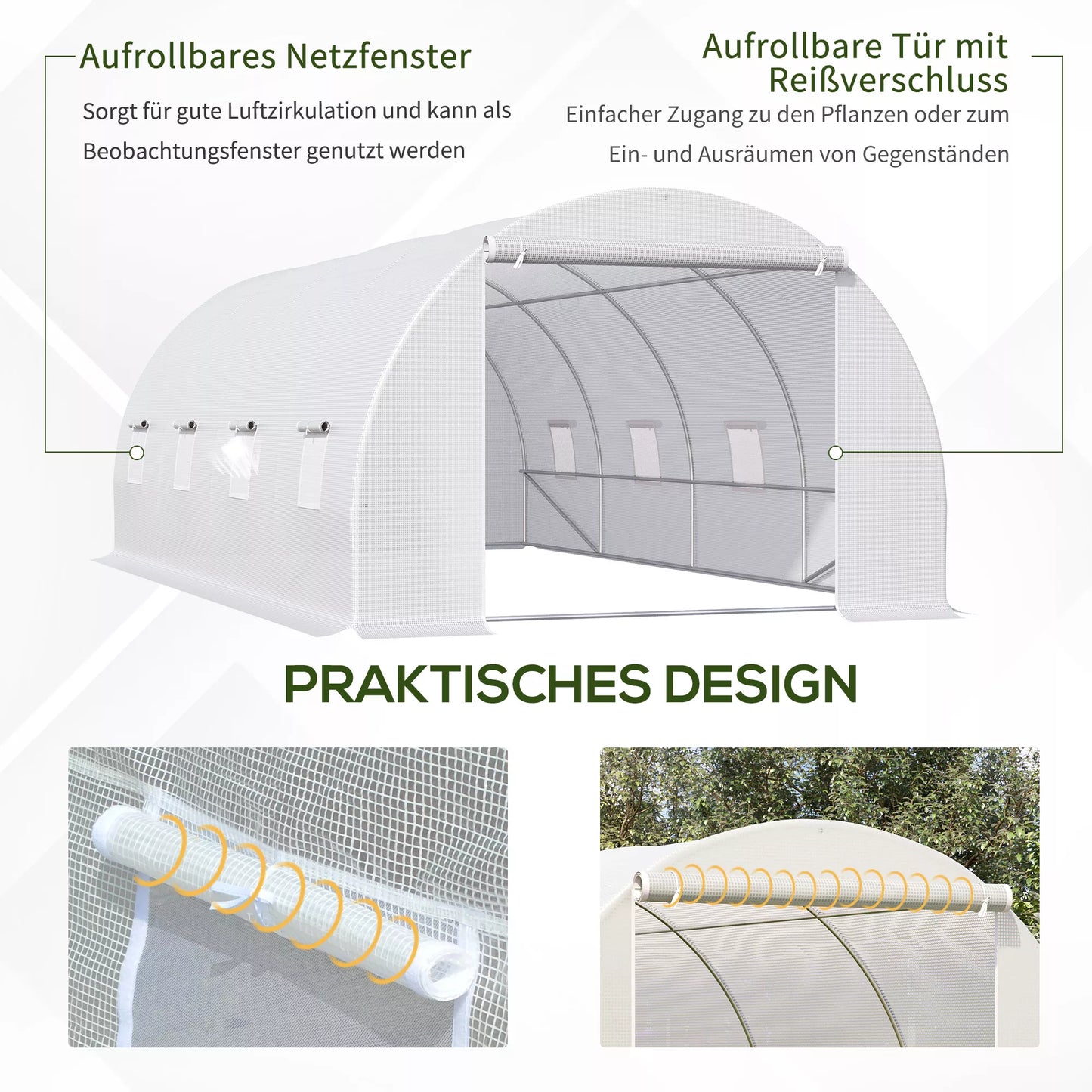 Šiltnamis 595x300x200cm Plėvelinis šiltnamis Pomidorų namelis su durimis, langu, plėveliniu tuneliu iš cinkuoto plieno, augalų tunelis, šiltnamis su į žemę įsriegiamais kuoliukais, lynais, sodo tunelis, baltas