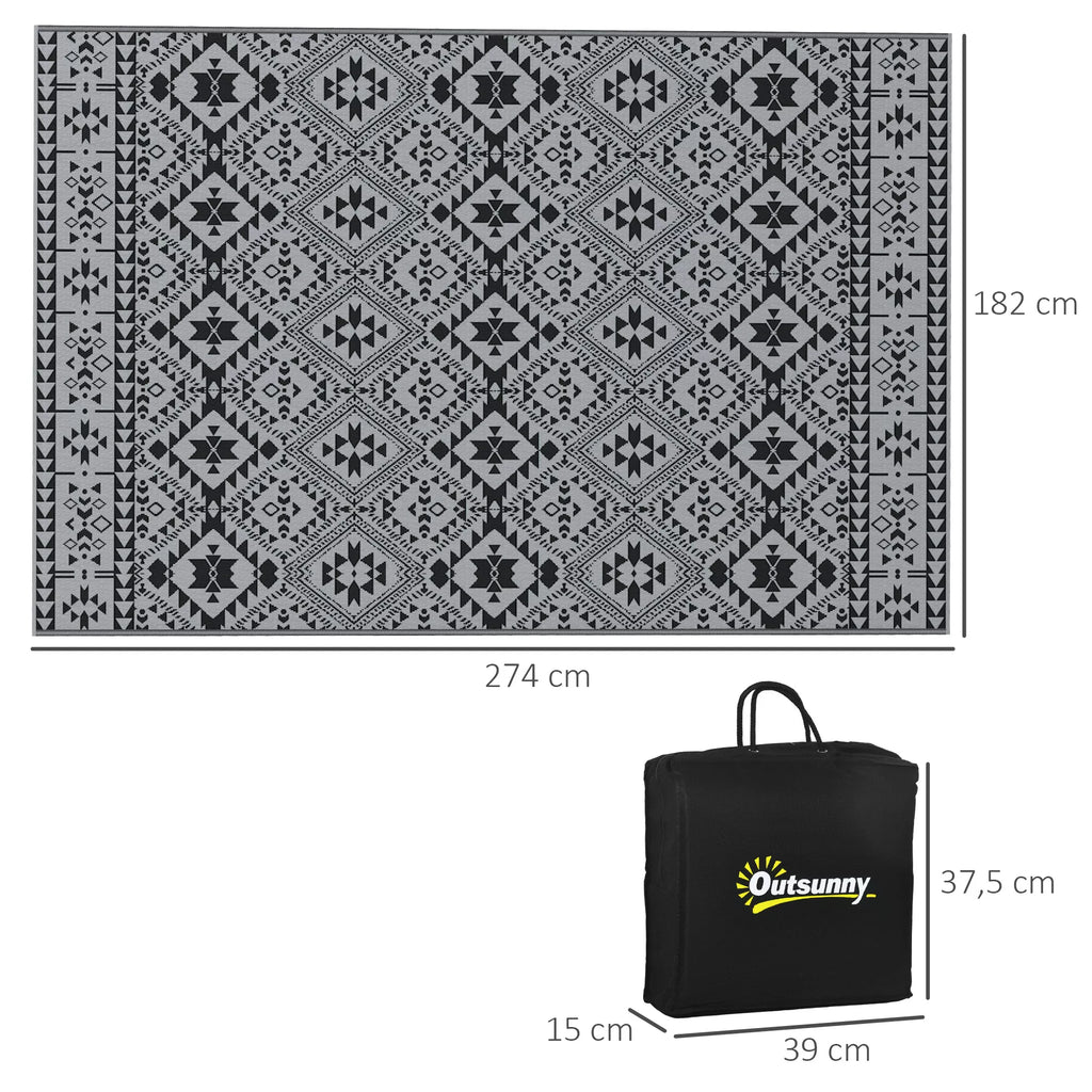 Lauko kilimas, atsparus vandeniui, geometrinis, 182x274 cm, juodas/pilkas
