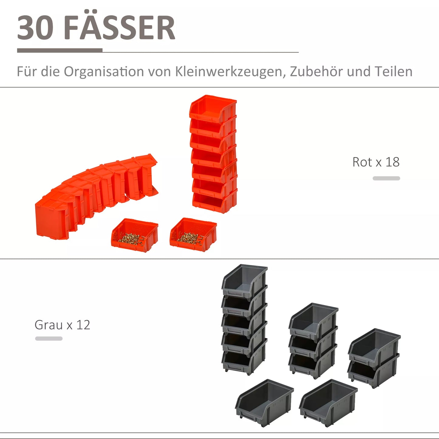 Sandėliavimo sistemos sieninė lentyna su sukraunamomis dėžutėmis, 30 dėžučių, 2 perforuotos plokštės, 37,5 cm x 18 cm x 63 cm, Raudona + Pilka + Juoda