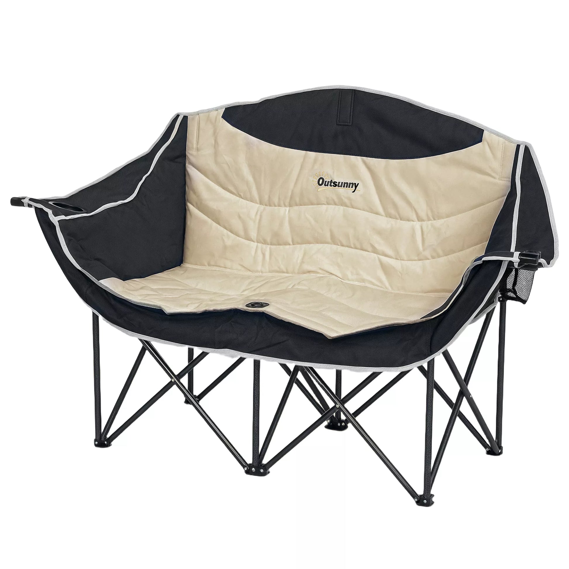 Sulankstomas 2 vietų kempingo kėdė su gėrimų laikikliu, nešimo krepšiu, atspari iki 250 kg apkrovai, chaki spalvos