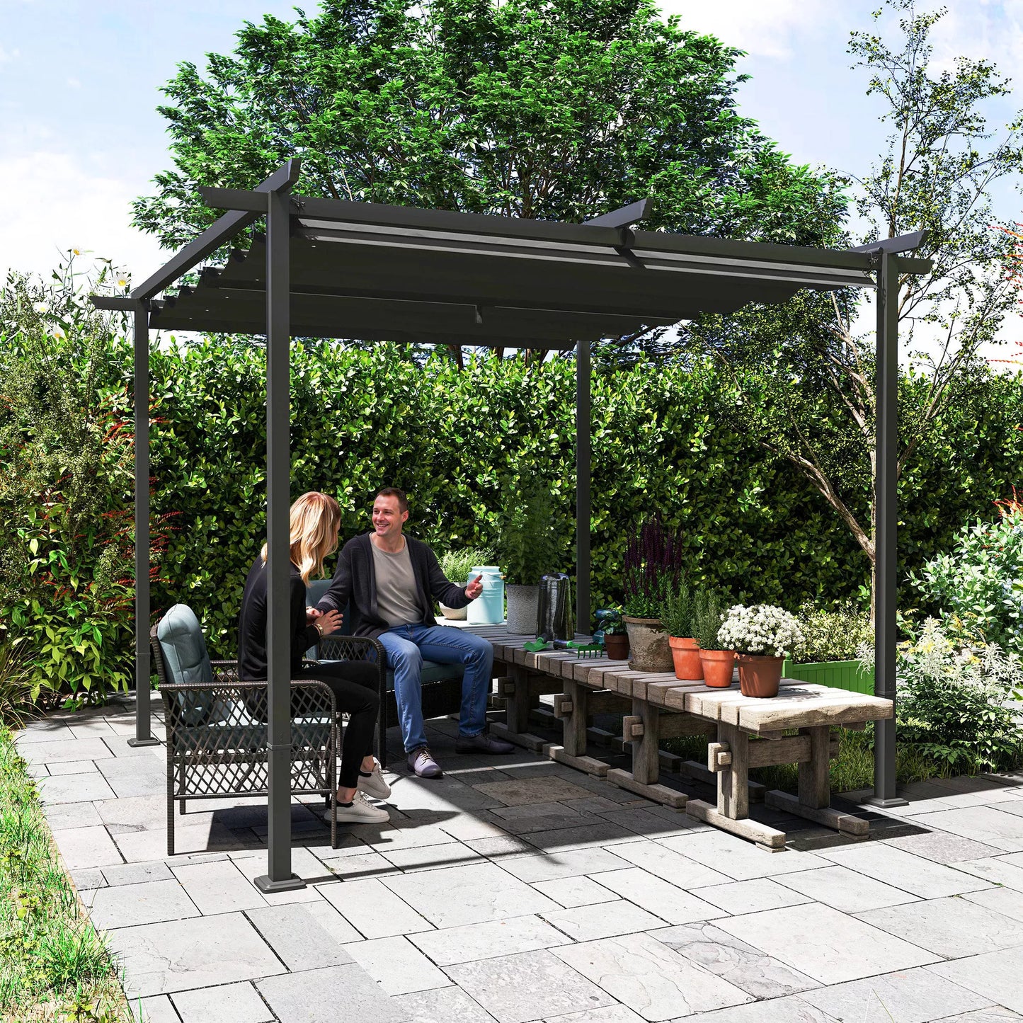 Sodo pergola su reguliuojamu stogu ir UPF30+ apsauga, 3x3 m (tamsiai pilka)