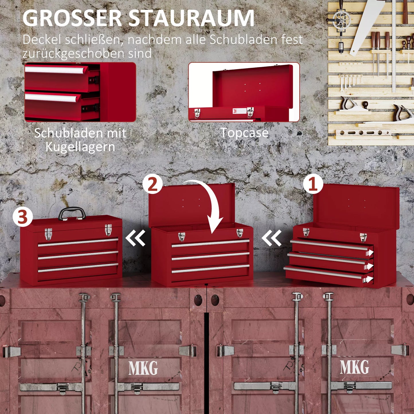 Įrankių dėžė su 3 stalčiais, viršutiniu skyriumi, plieniniais užraktais, nešimo rankena, 51x22x32 cm, Raudona