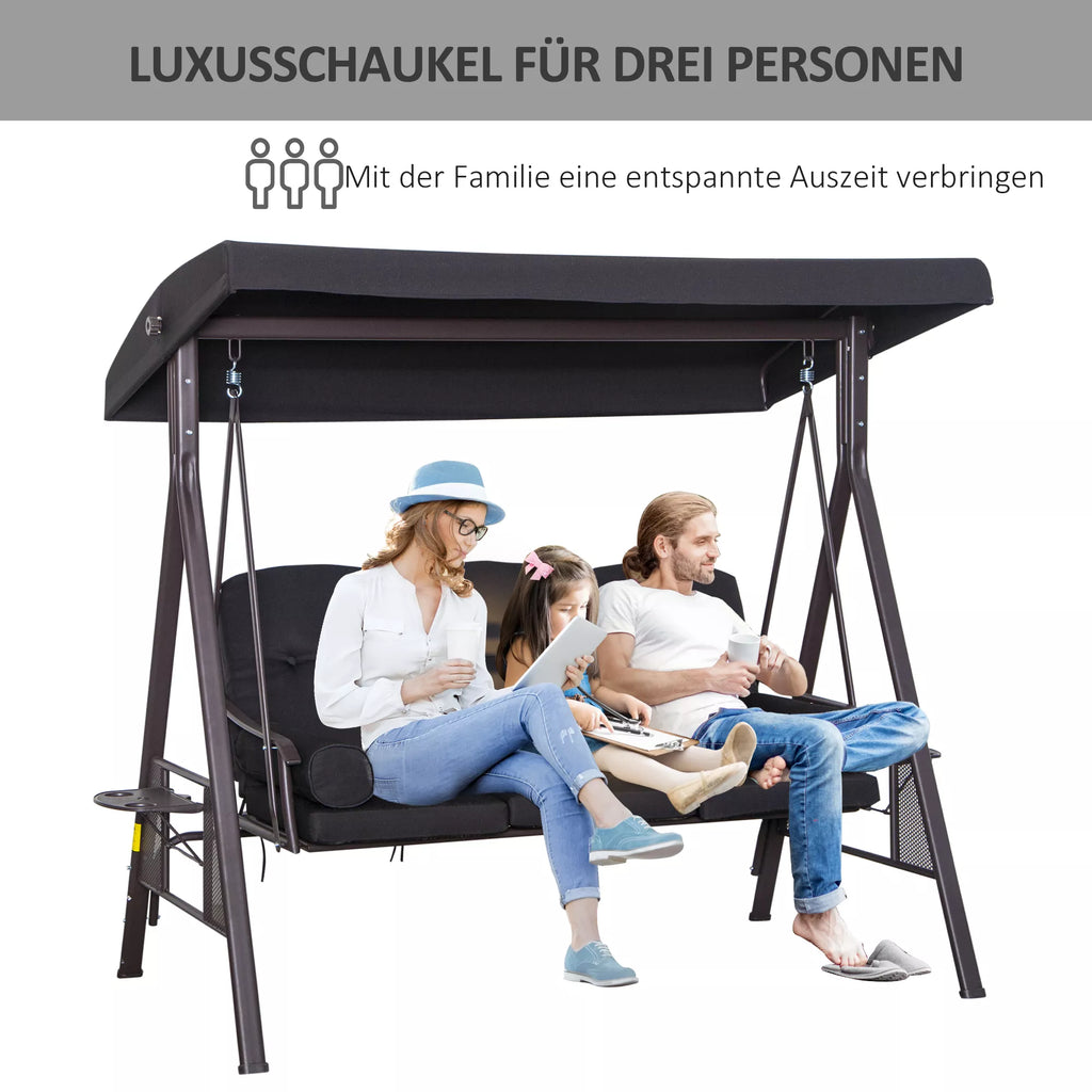 Holivudo sūpynės 3 asmenims, pakreipiamas stogas, metalinis rėmas, rudos ir juodos spalvos, 116 x 206 x 183 cm