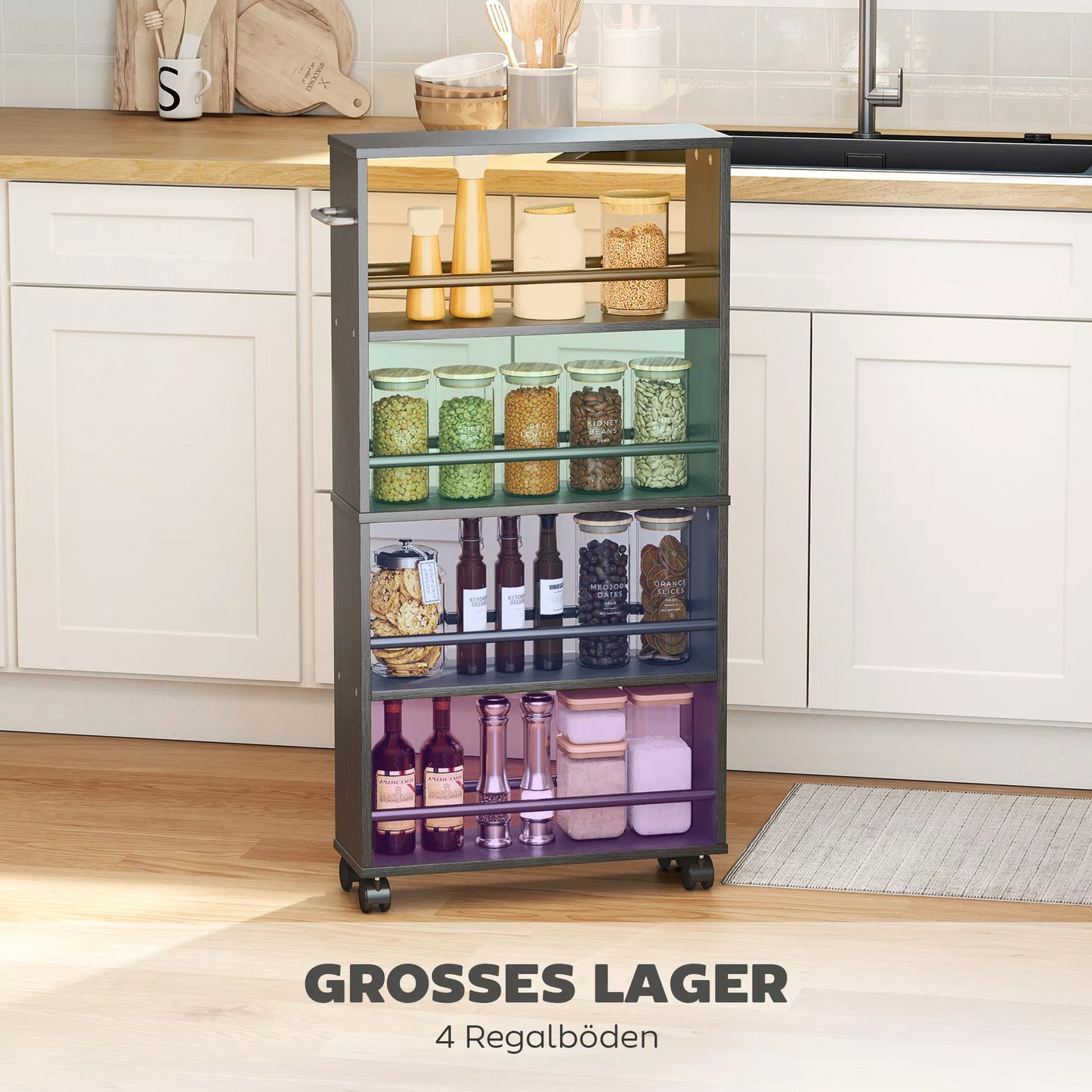 Daugiafunkcinė lentyna su ratukais, siaura konstrukcija, 4 skyriai, 45x15x91 cm, juoda