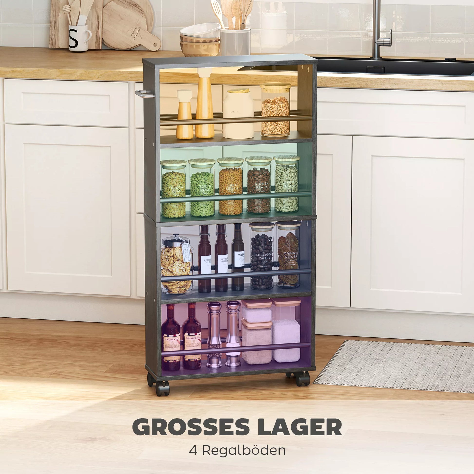 Daugiafunkcinė lentyna su ratukais, siaura konstrukcija, 4 skyriai, 45x15x91 cm, juoda