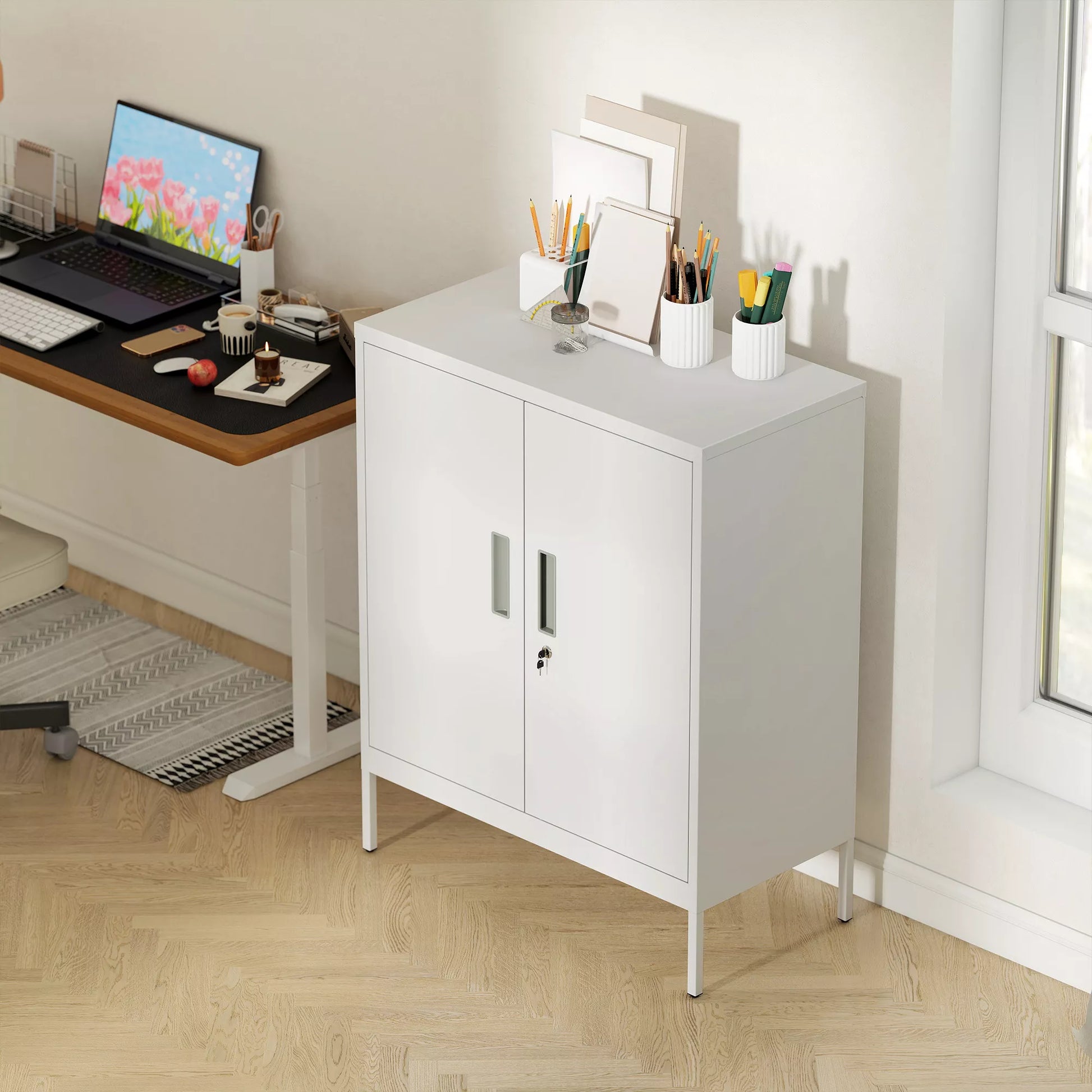 Užrakinama plieninė spinta su 2 durimis, biuro spinta, reguliuojamos lentynos, namų biurui, svetainei, garažui, balta