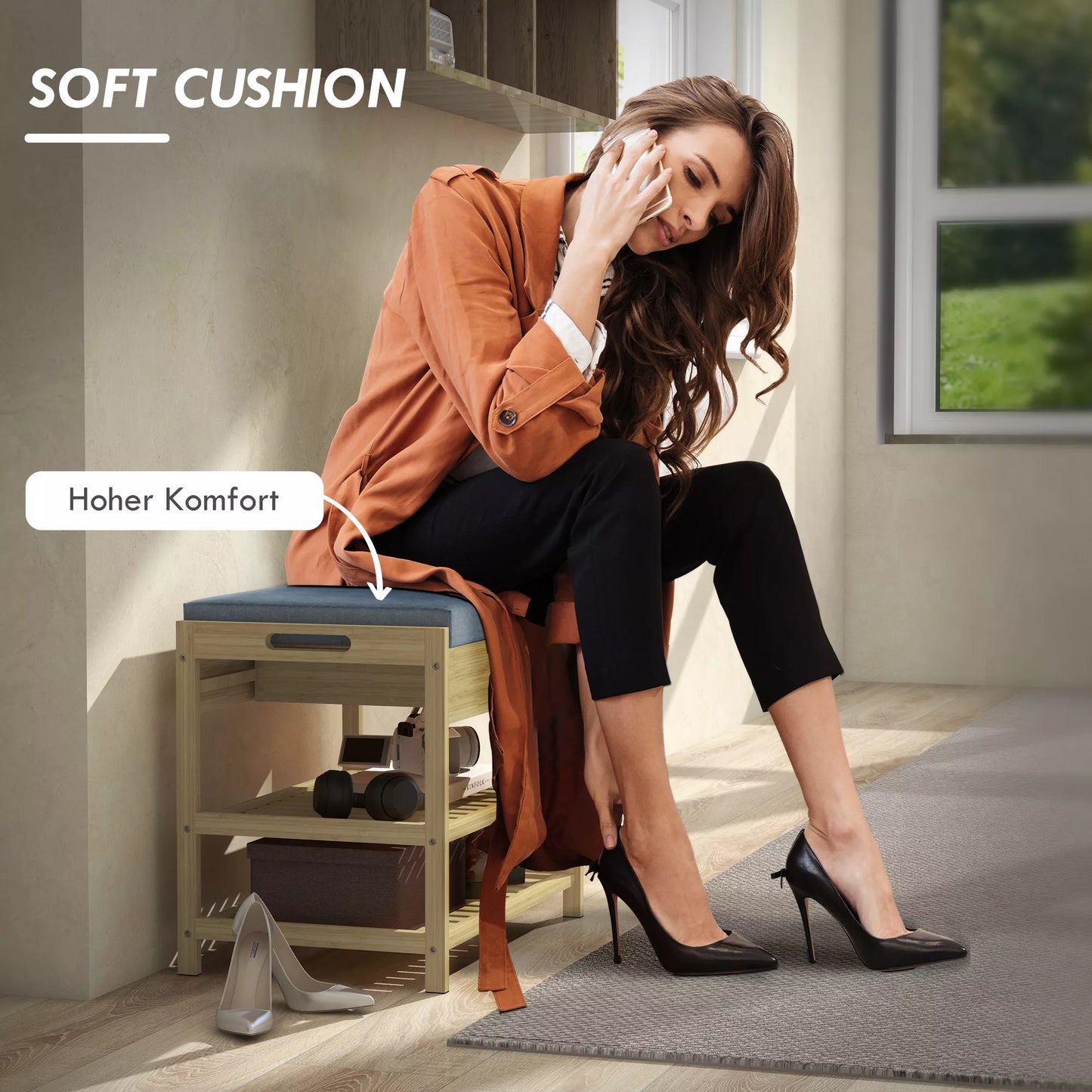 Batų suoliukas-lentyna, 2 lentynos, sėdimoji dalis, bambukas, 55 cm x 35 cm x 46 cm, pilka + natūrali