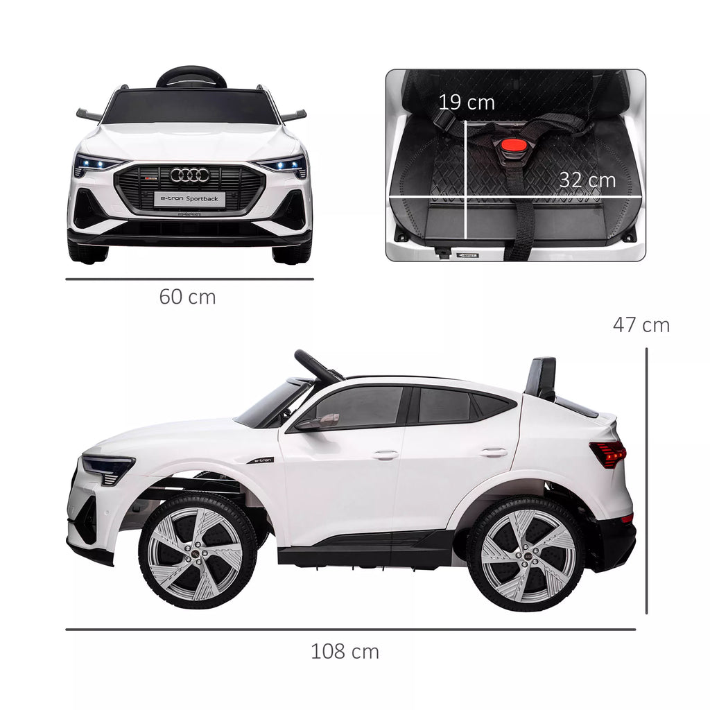 Vaikų automobilio matmenų schema: 108 cm ilgis, 60 cm plotis, 47 cm aukštis
