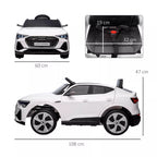 Vaikų automobilio matmenų schema: 108 cm ilgis, 60 cm plotis, 47 cm aukštis