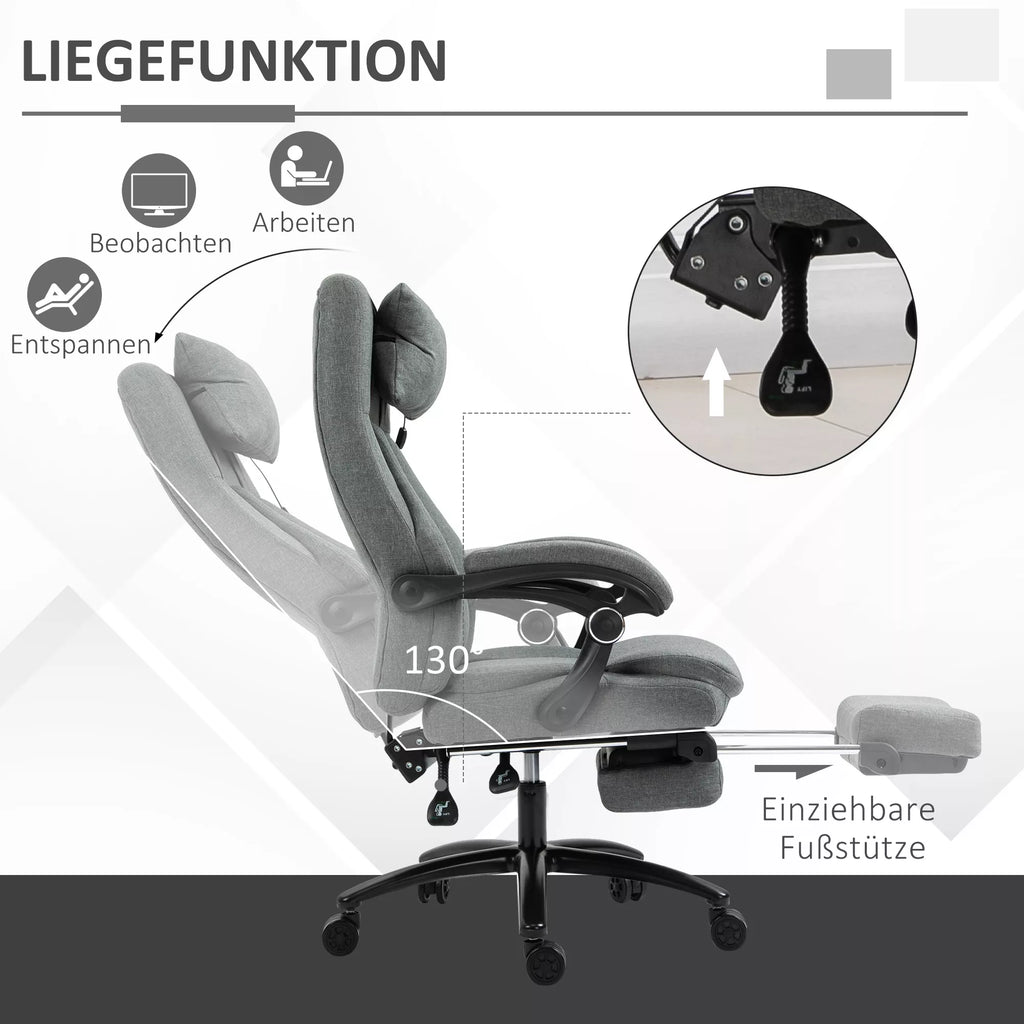 Biuro kėdė su masažo funkcija, aukščio reguliuojama vadovo kėdė, žaidimų kėdė su atlošu ir masažo funkcija, ergonomiška sukiojama kėdė, masažinė kėdė, lino tekstūra, pilka, 64 x 74 x 109–117 cm