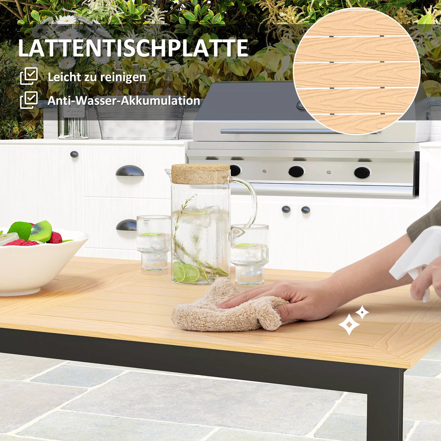 Lauko sodo stalas 6 žmonėms 160x80 cm, atsparus oro sąlygoms, su lameliniu stalviršiu, bufeto stalas, tikmedis