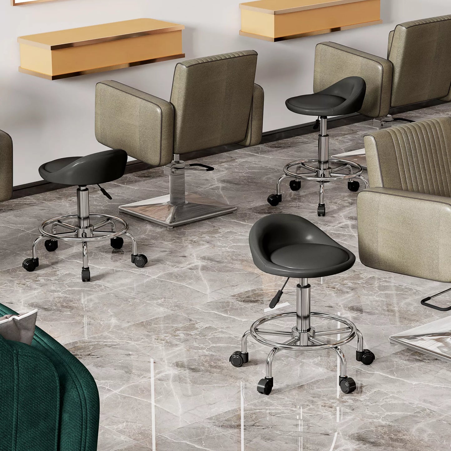 Aukštis reguliuojamas ratukinis taburetė su atlošu 59-75 cm, pasukama 360° darbinė taburetė, juoda