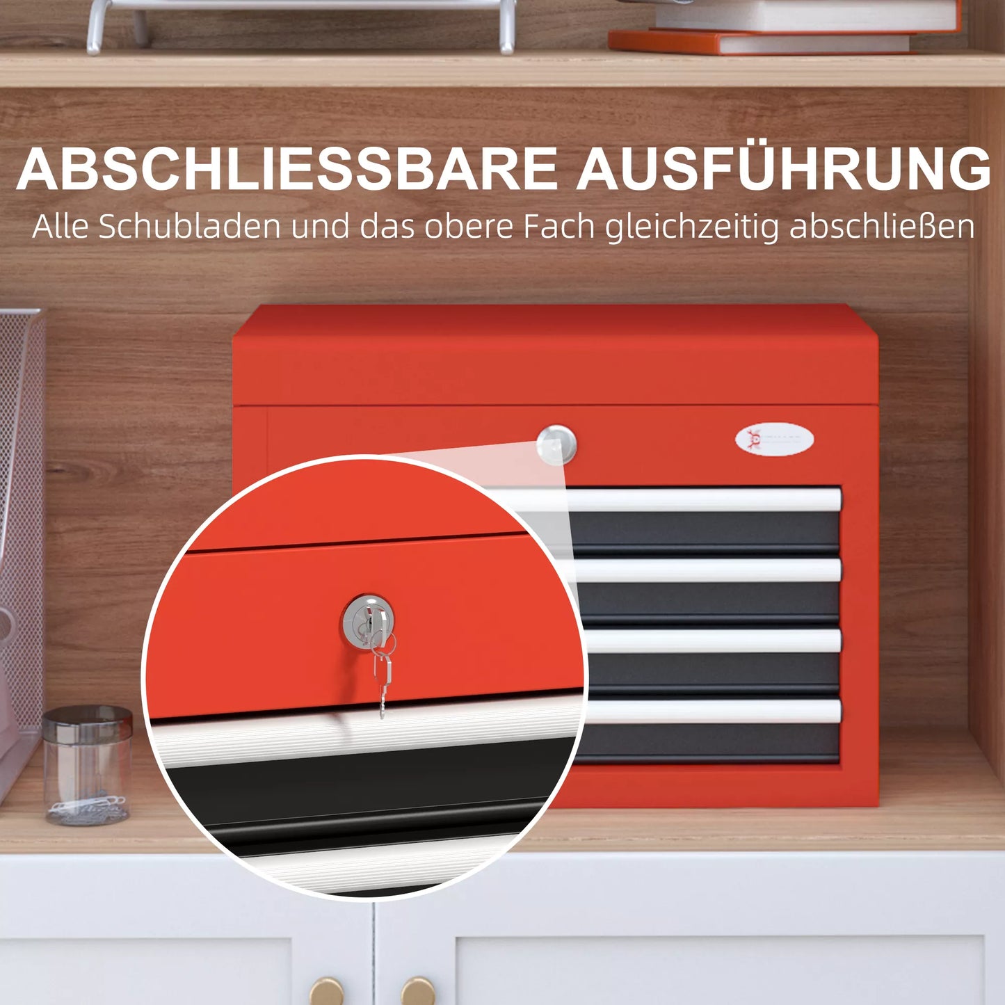 DURHAND įrankių vežimėlis, su užraktu, 2 raktais, 45 cm x 24,5 cm x 32,5 cm, Raudonas