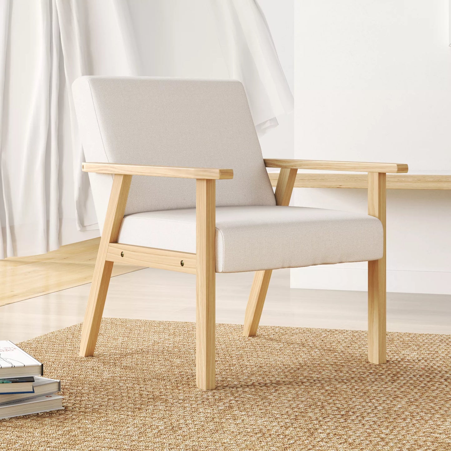 Minkštas fotelis su porankiais, valgomojo kėdė su linine išvaizda, su medžio masyvo rėmu, 64 x 70 x 72 cm, kreminės spalvos.