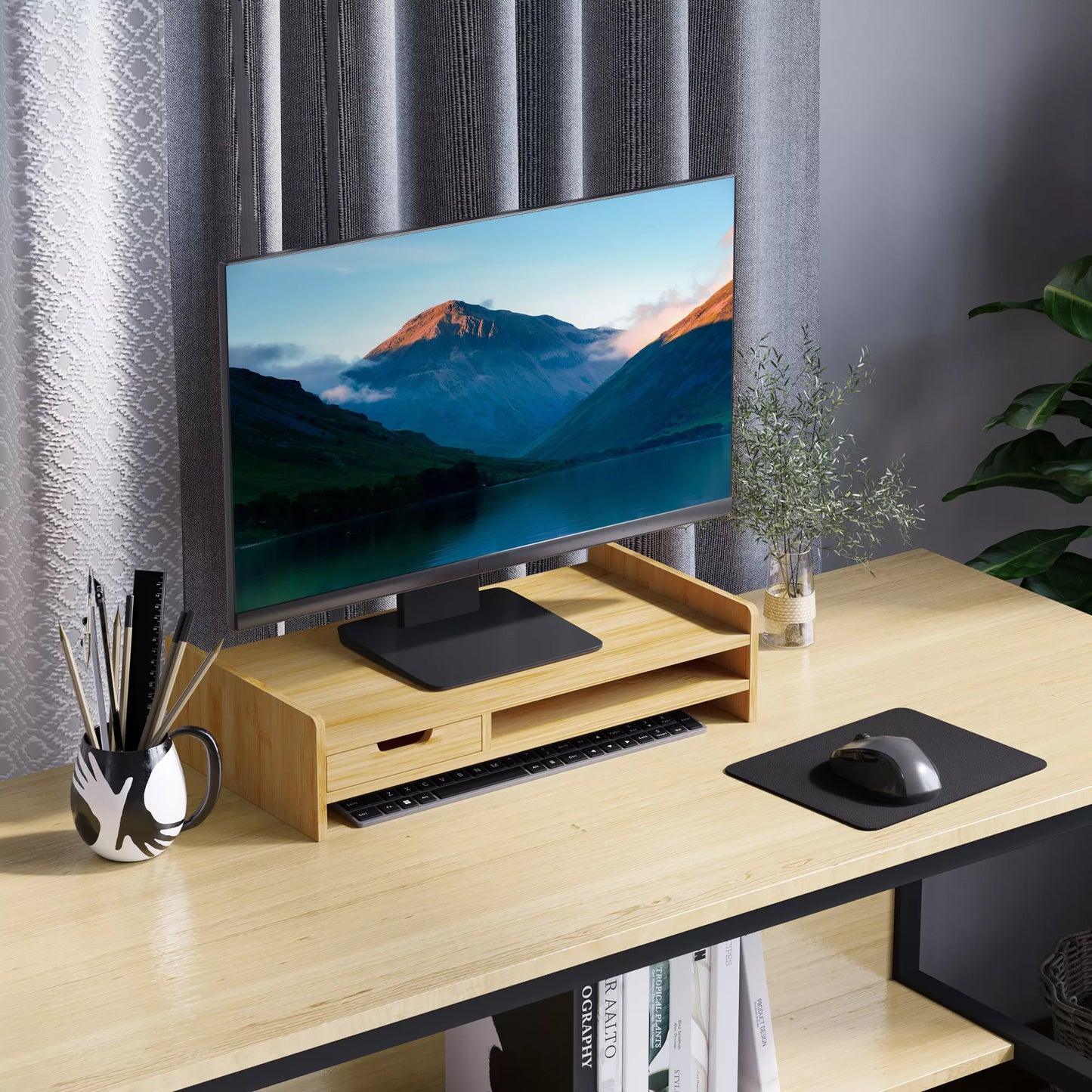 Monitoriaus stovas su stalčiumi, monitoriaus paaukštinimas, stovas monitoriui, kompiuterio, nešiojamojo kompiuterio, spausdintuvo stovas 49 x 25,5 x 11,5 cm Natūralus