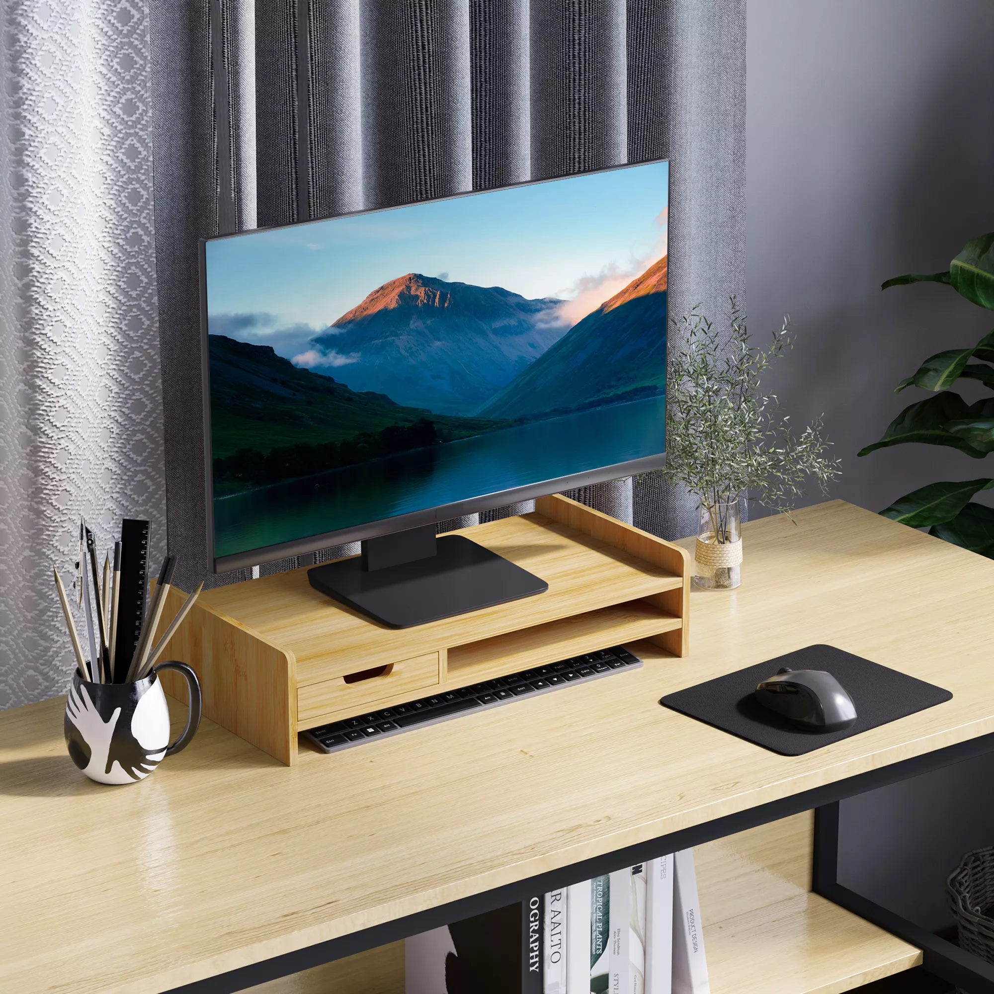 Monitorių stovas su stalčiumi Ekrano pakėlimas Monitorių stovas Ekrano stovas kompiuteriui, nešiojamam kompiuteriui, spausdintuvui 49 x 25,5 x 11,5 cm Natūralus