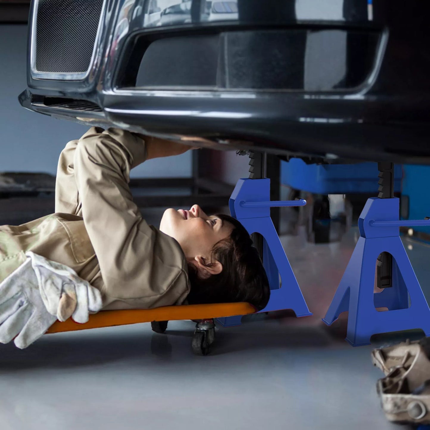 Atraminiai stovai 3 tonos keliamosios galios, 2 vnt., su fiksavimo kaiščiu, 13 pakopų, reguliuojamas aukštis 385 mm - 600 mm