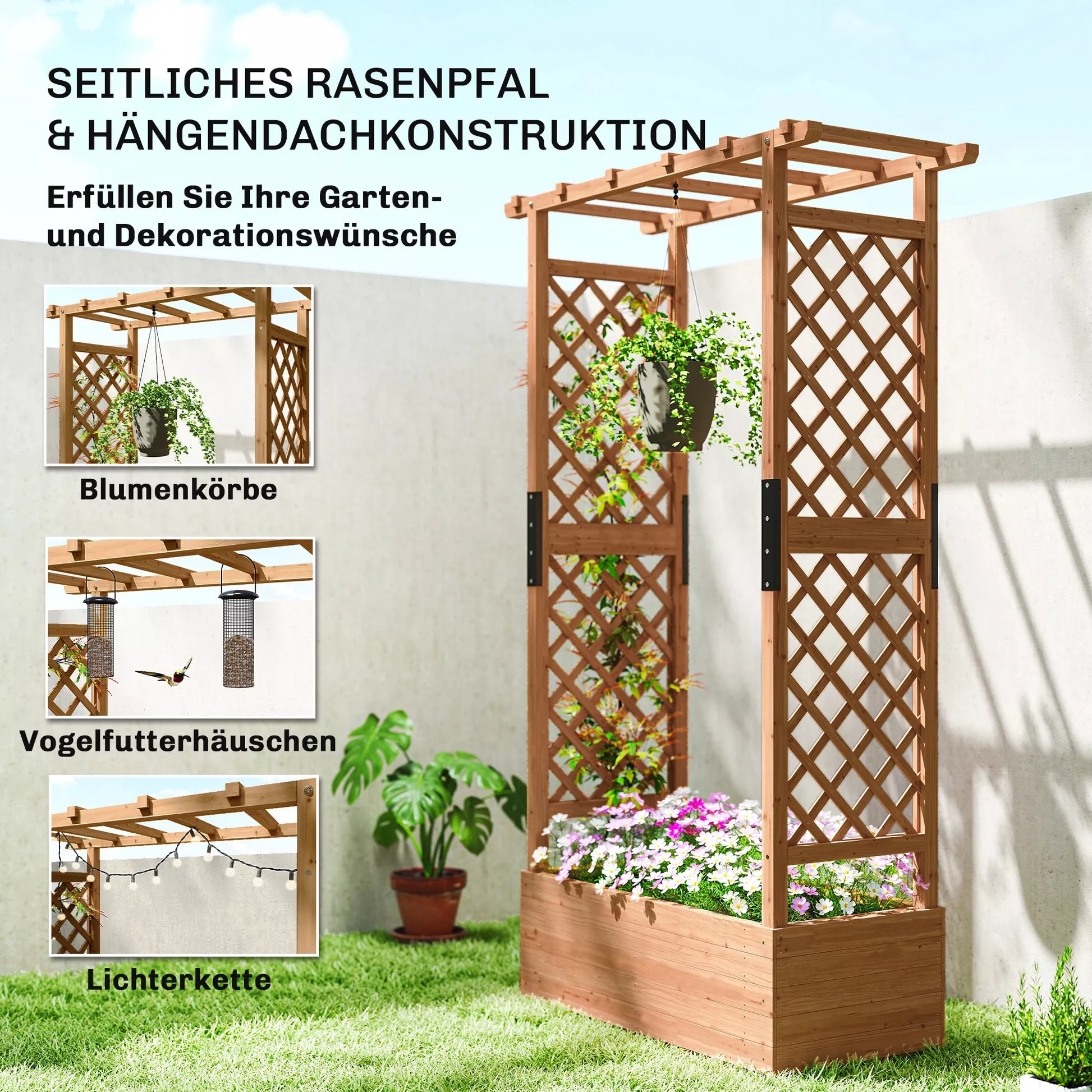 Pakelta lysvė su arka, grotelėmis ir stogeliu, vijokliniams augalams, medis, 110 x 44 x 181 cm, oranžinė