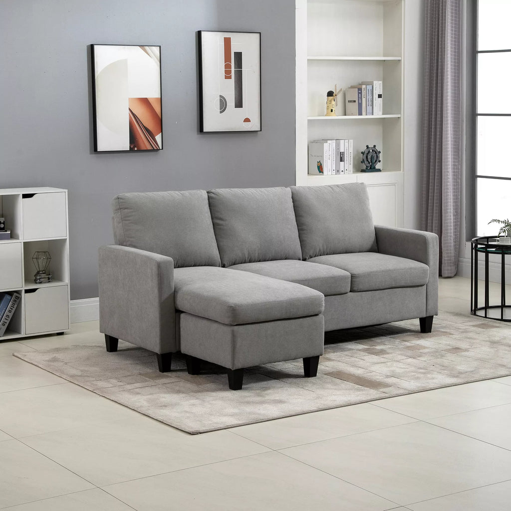 Kampinė sofa, 3 vietų sofa su patalynės dėže ir pagalvėlėmis, L formos kampas, audinio apmušalas, pilka