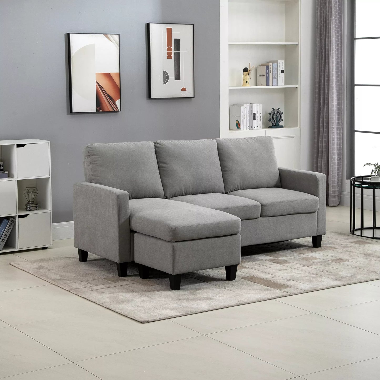 Kampinė sofa, 3 vietų sofa su patalynės dėže ir pagalvėlėmis, L formos kampas, audinio apmušalas, pilka