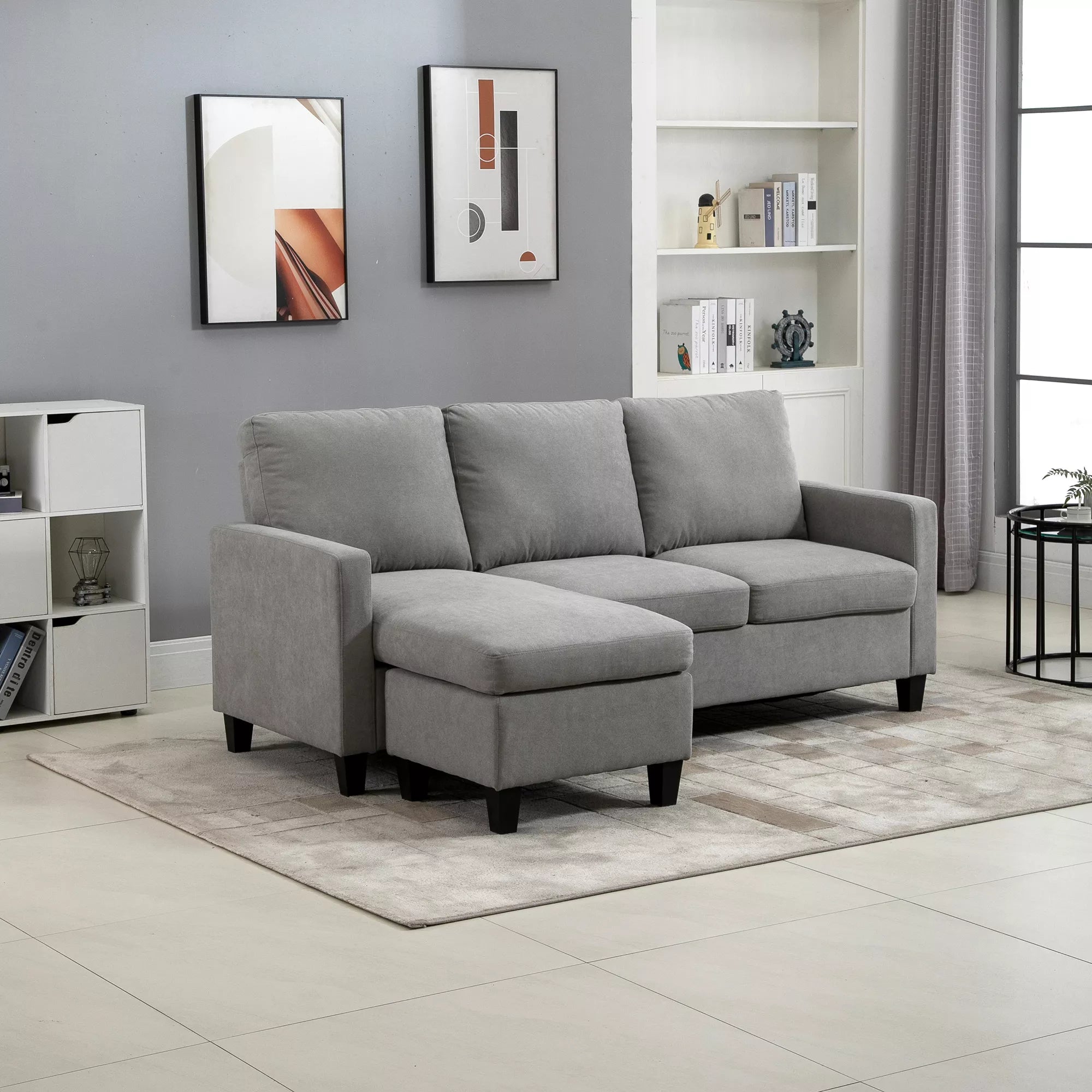 Kampinė sofa, 3 vietų sofa su patalynės dėže ir pagalvėlėmis, L formos kampas, audinio apmušalas, pilka