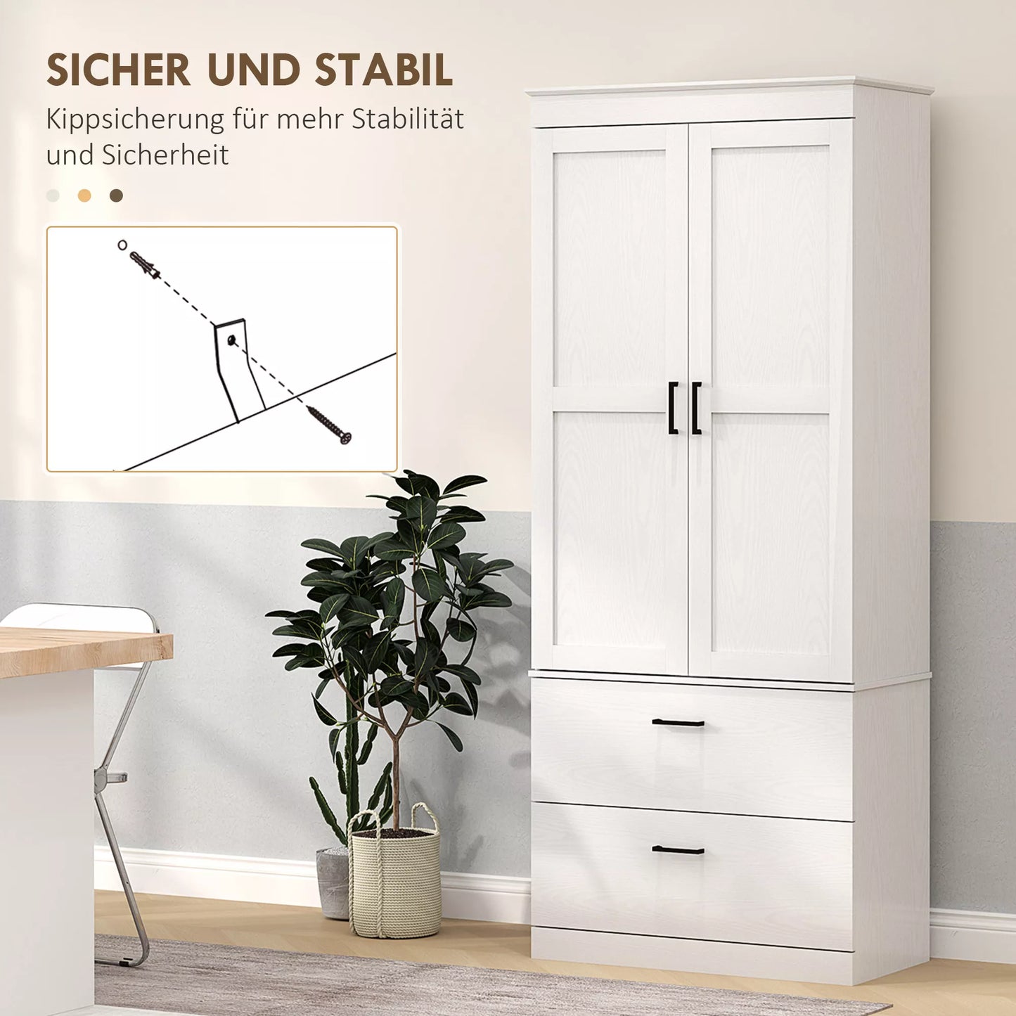 Laisvai pastatoma virtuvės spintelė su reguliuojamomis lentynomis ir dviem plačiomis stalčiais, skirta svetainei, virtuvei, balta